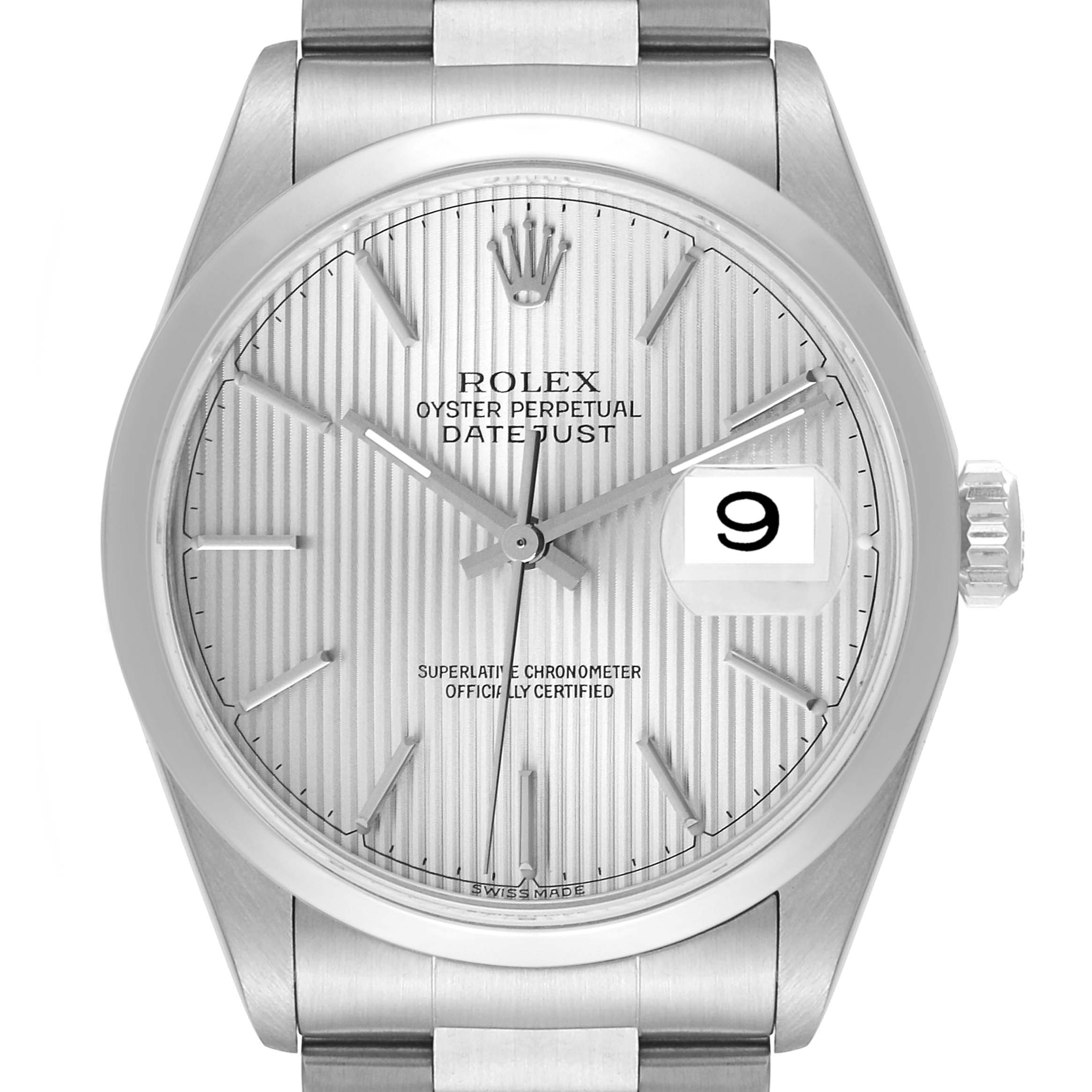 The image shows the face of a Rolex Datejust 16200 Men's Stainless Steel Silver Dial 16200 Men's Stainless Steel Silver Dial watch from a front angle, displaying the dial, hands, and date window.