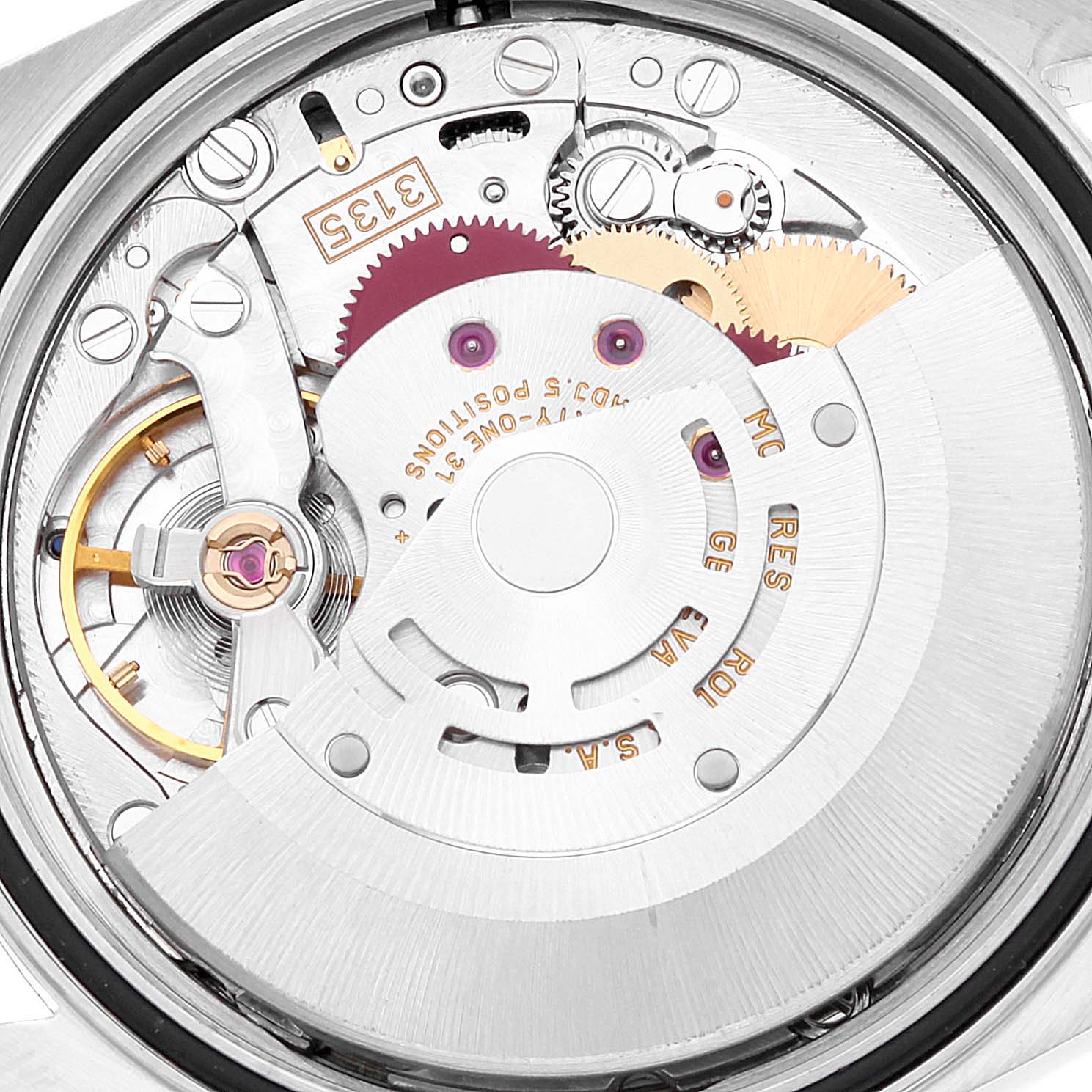 The image shows the intricate inner mechanism of a Rolex Datejust 16200 Men's Stainless Steel Silver Dial 16200 Men's Stainless Steel Silver Dial watch from a rear angle.