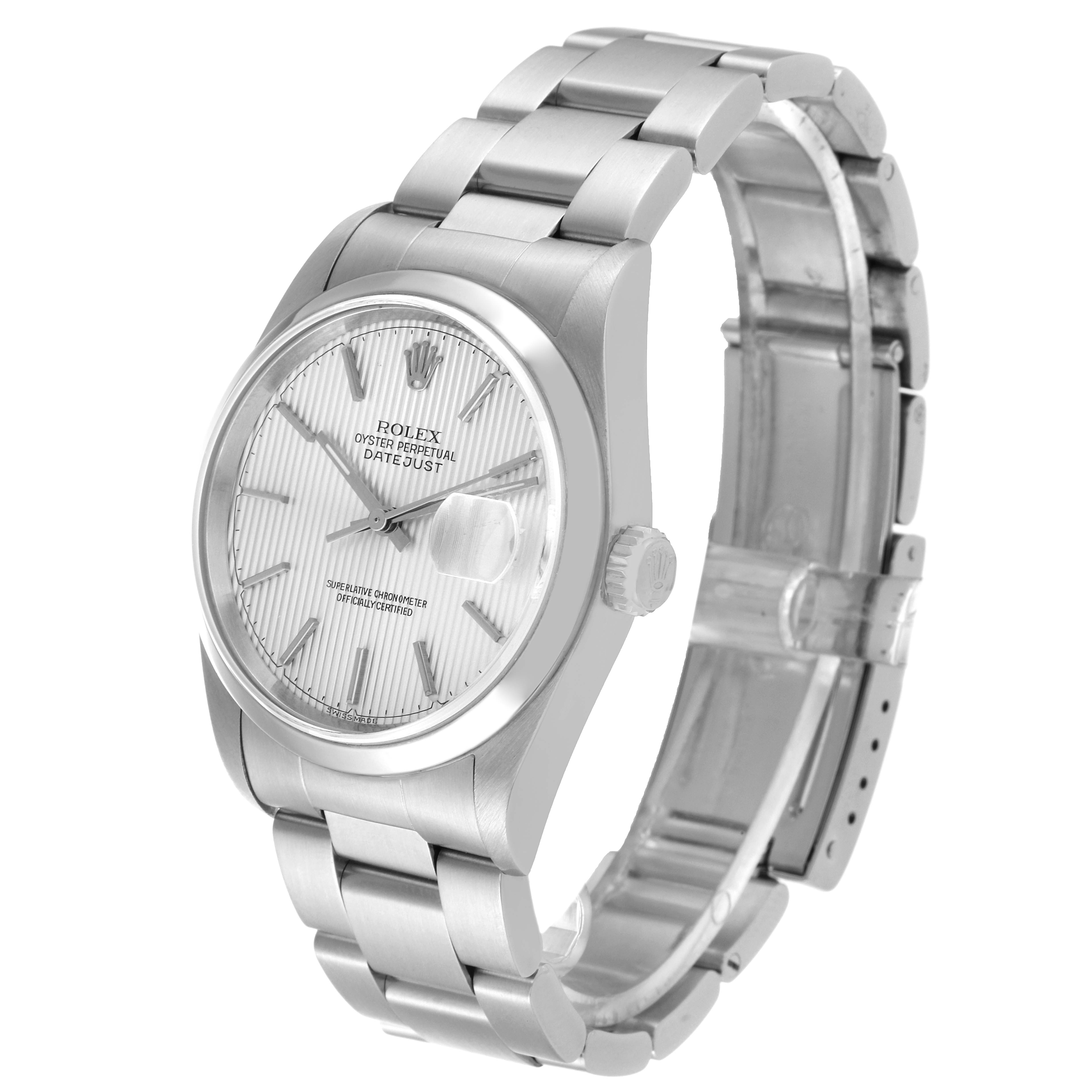 This image shows a side angle of a Rolex Datejust 16200 Men's Stainless Steel Silver Dial 16200 Men's Stainless Steel Silver Dial watch, highlighting its face, crown, and metal bracelet.
