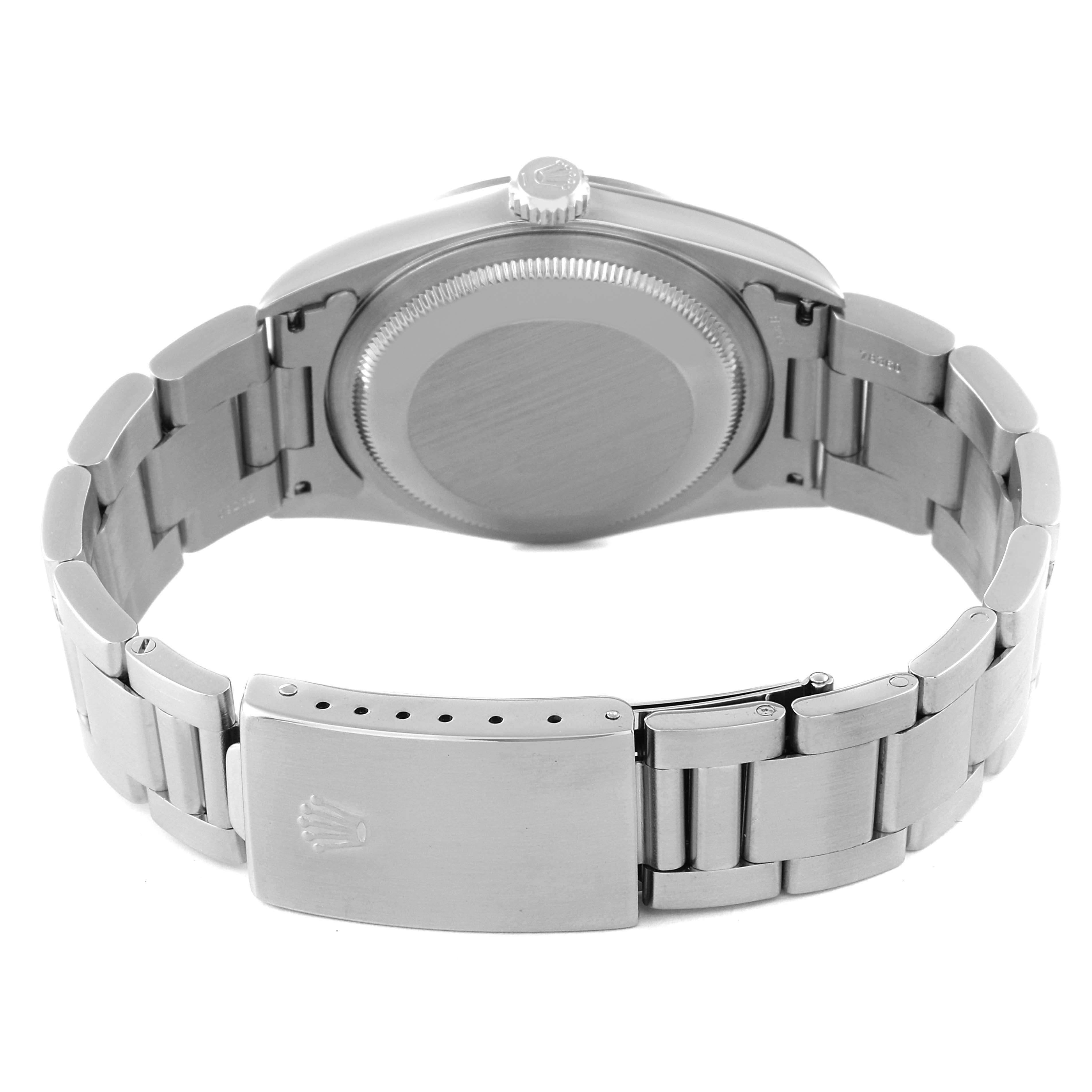 The image shows the back view of the Rolex Datejust 16200 Men's Stainless Steel Silver Dial 16200 Men's Stainless Steel Silver Dial watch focusing on the case, clasp, and bracelet.