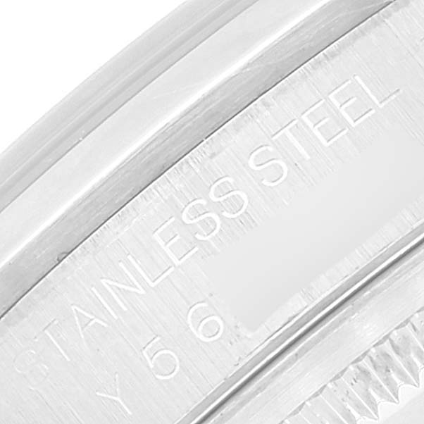 The image shows a close-up of the stainless steel etching on the Datejust Rolex watch.