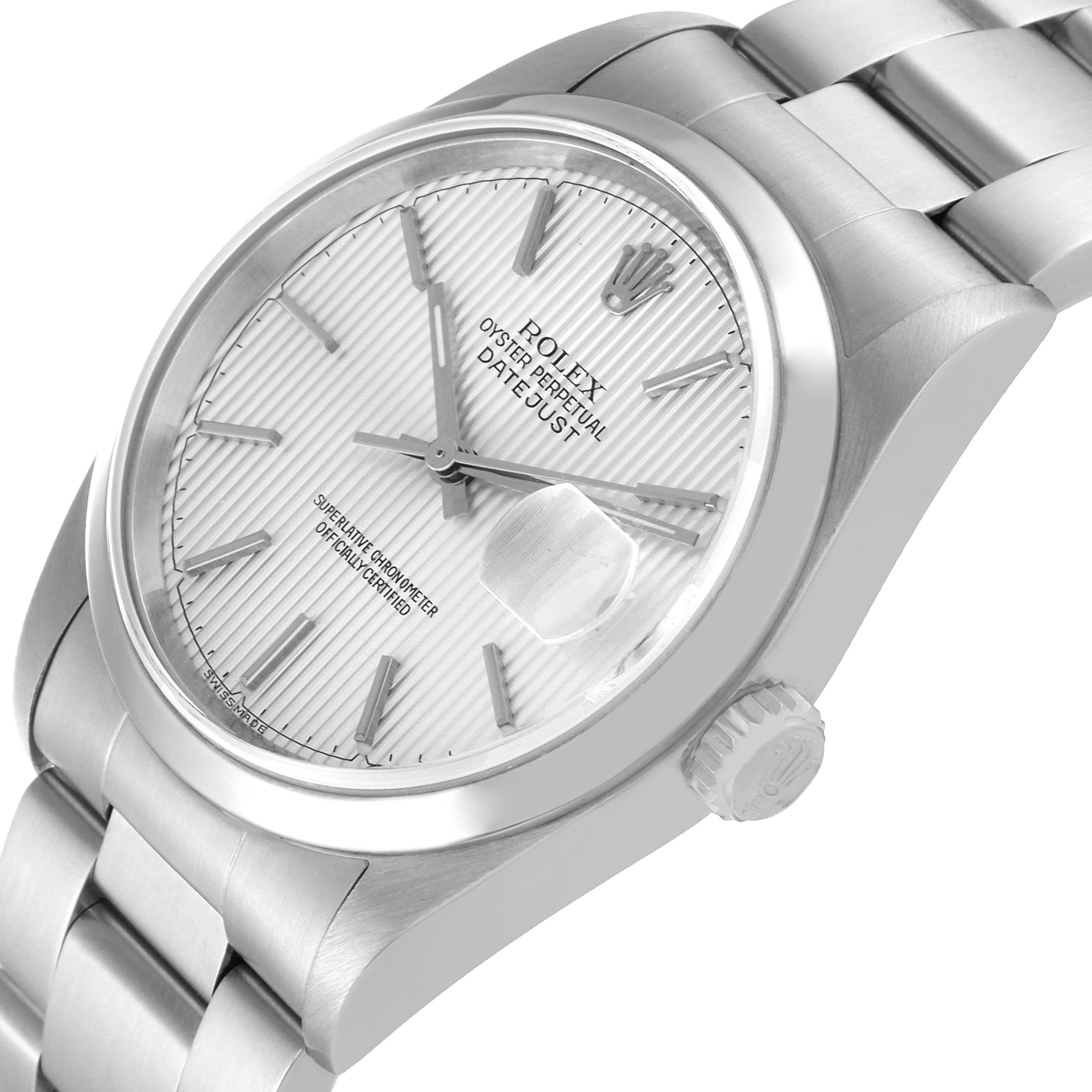 The image shows a close-up, angled view of the Rolex Datejust 16200 Men's Stainless Steel Silver Dial 16200 Men's Stainless Steel Silver Dial watch, highlighting the dial, crown, and a portion of the bracelet.
