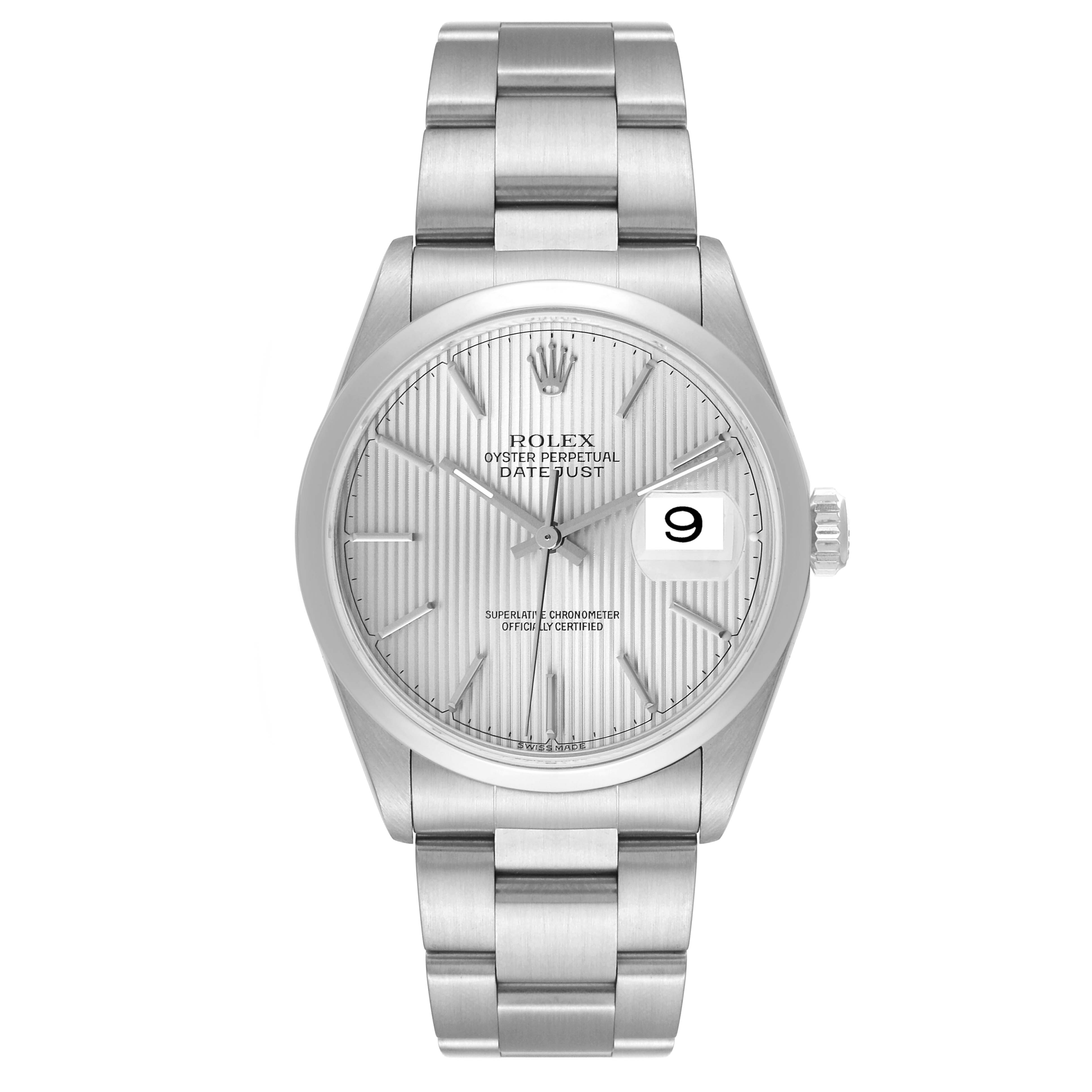 The image shows a front view of a Rolex Datejust 16200 Men's Stainless Steel Silver Dial 16200 Men's Stainless Steel Silver Dial watch, highlighting its dial, bracelet, and date window.