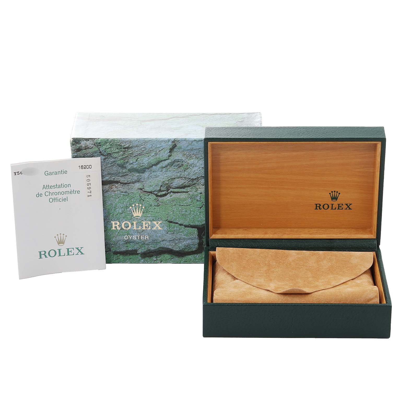 This image shows the box and warranty card for the Rolex Datejust 16200 Men's Stainless Steel Silver Dial 16200 Men's Stainless Steel Silver Dial watch, with the box open and lined with fabric.