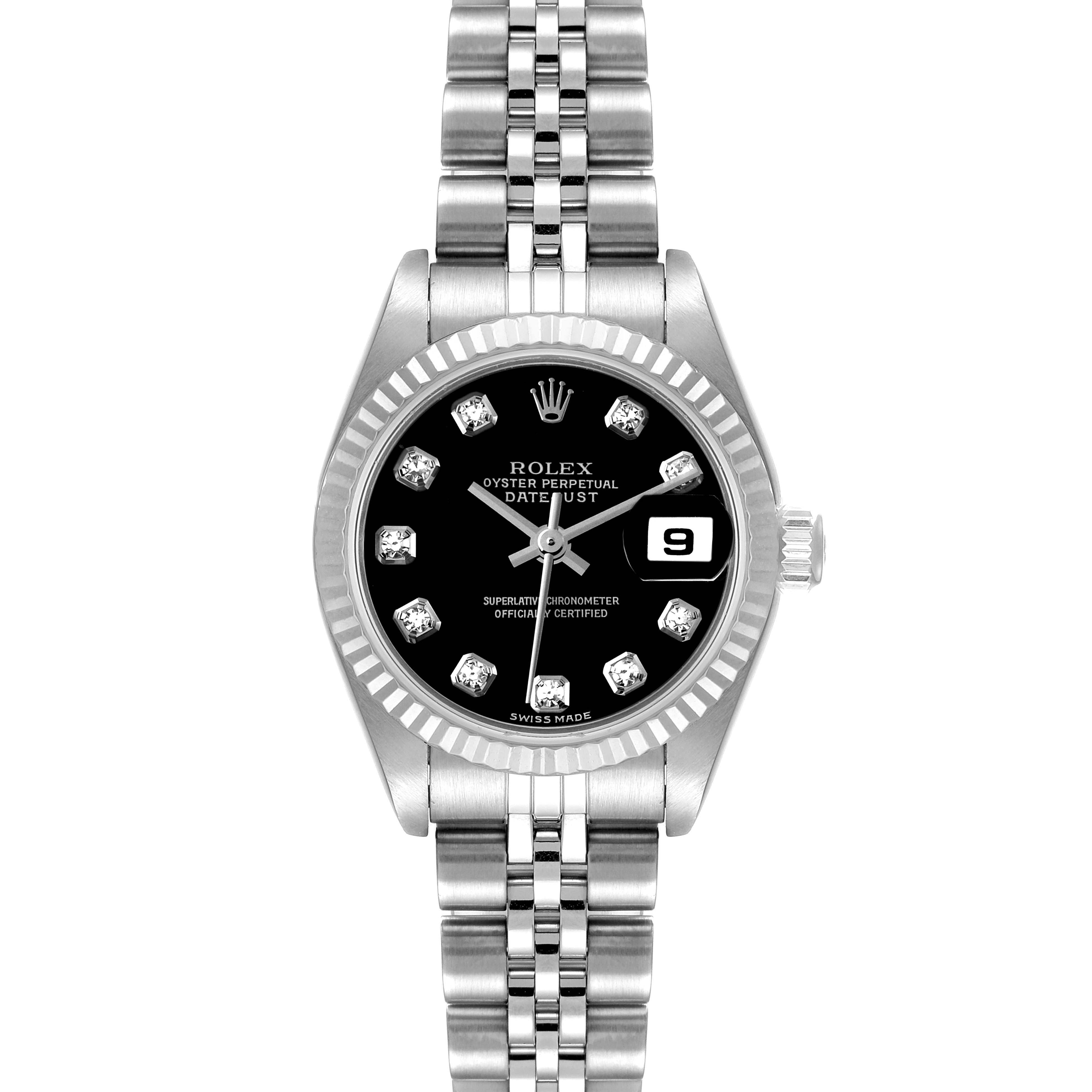 This image shows a front view of the Rolex Datejust 79174 Women's Stainless Steel Black Dial 79174 Women's Stainless Steel Black Dial watch, displaying its black dial, fluted bezel, and stainless steel jubilee bracelet.
