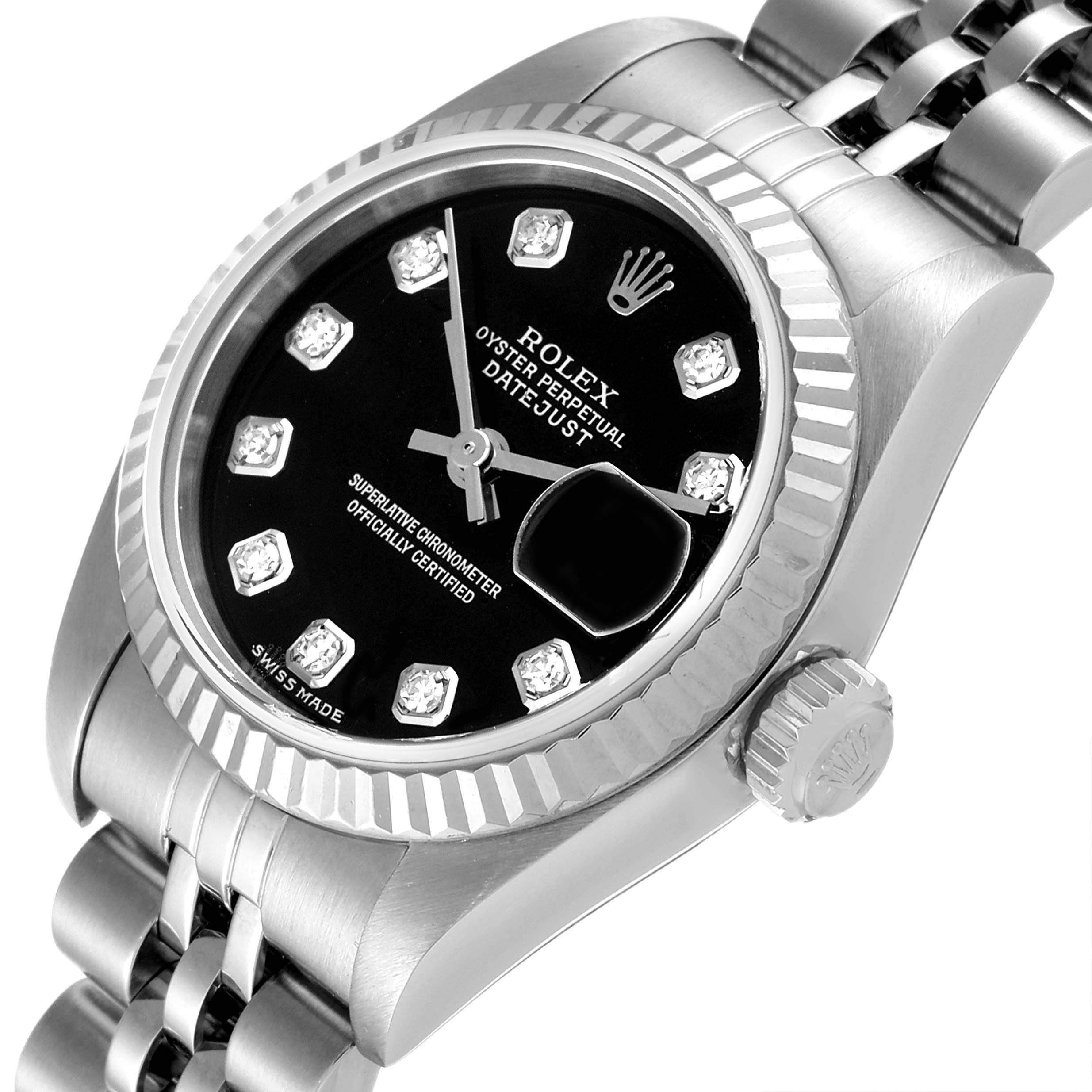 This Rolex Datejust 79174 Women's Stainless Steel Black Dial 79174 Women's Stainless Steel Black Dial model is shown at an angle highlighting its black dial, diamond markers, bezel, crown, and part of the bracelet.