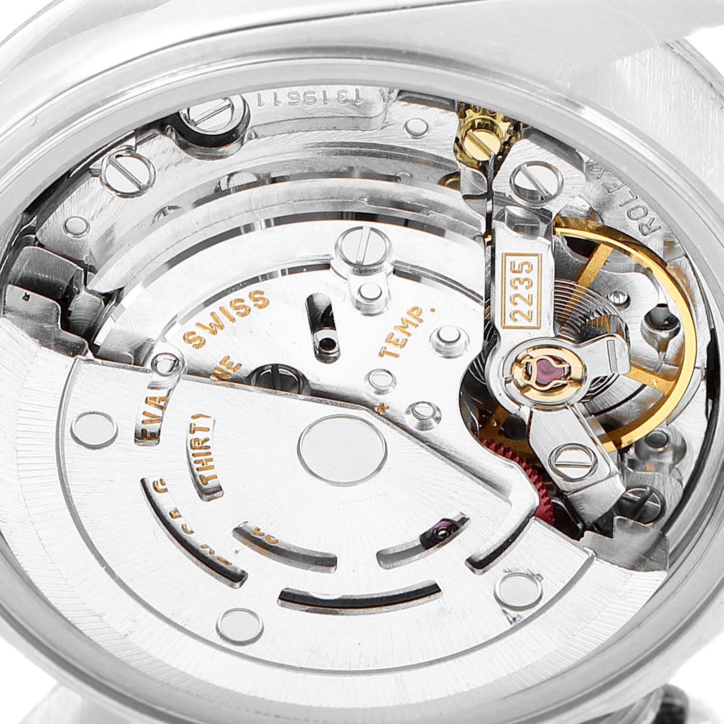 This close-up image shows the intricate internal mechanical components of the Rolex Datejust 79174 Women's Stainless Steel Black Dial 79174 Women's Stainless Steel Black Dial watch model.