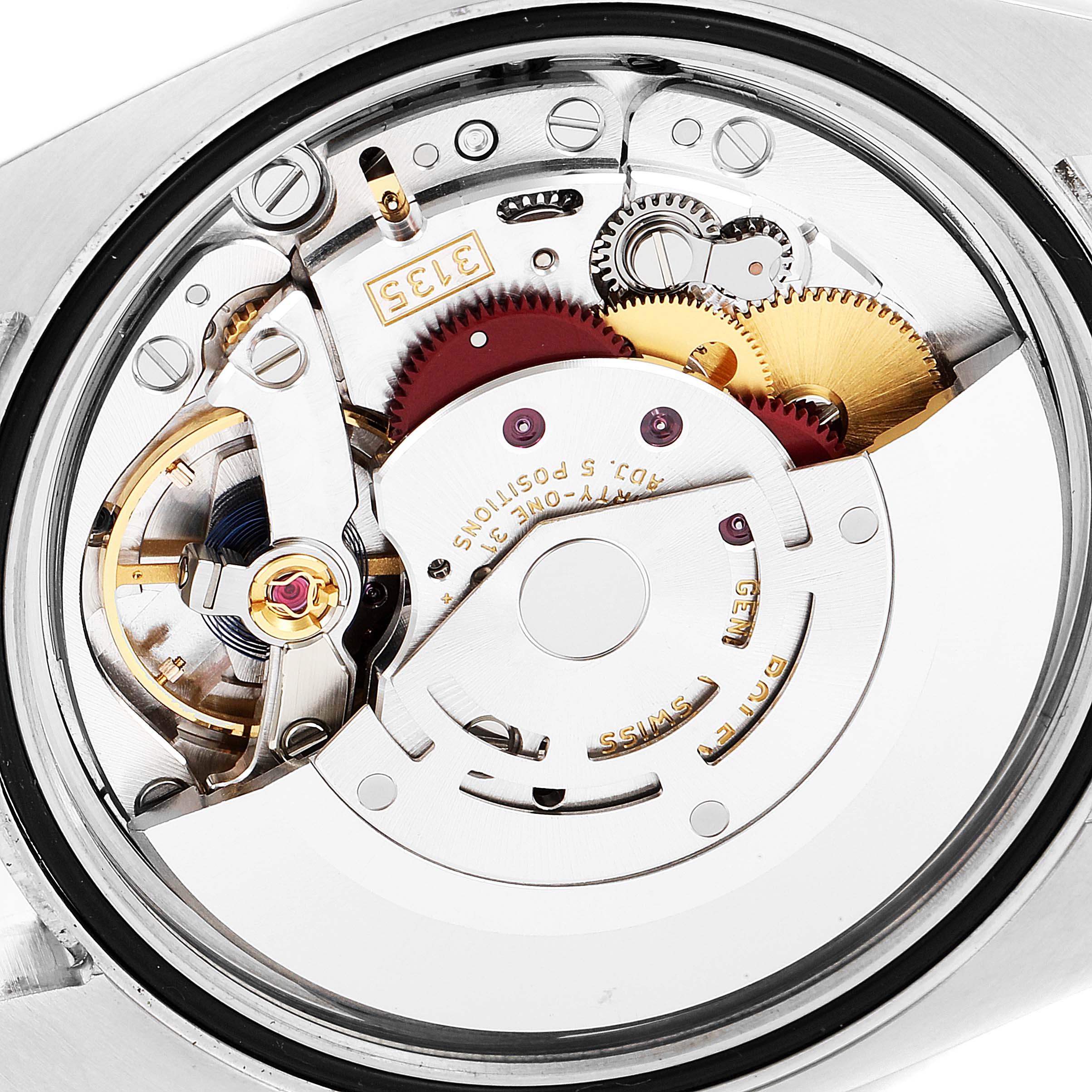 The image shows a close-up of the internal mechanism of a Rolex Datejust 116234 Men
s Stainless Steel Black Dial 116234 Men
s Stainless Steel Black Dial watch, highlighting the gears and movement components.