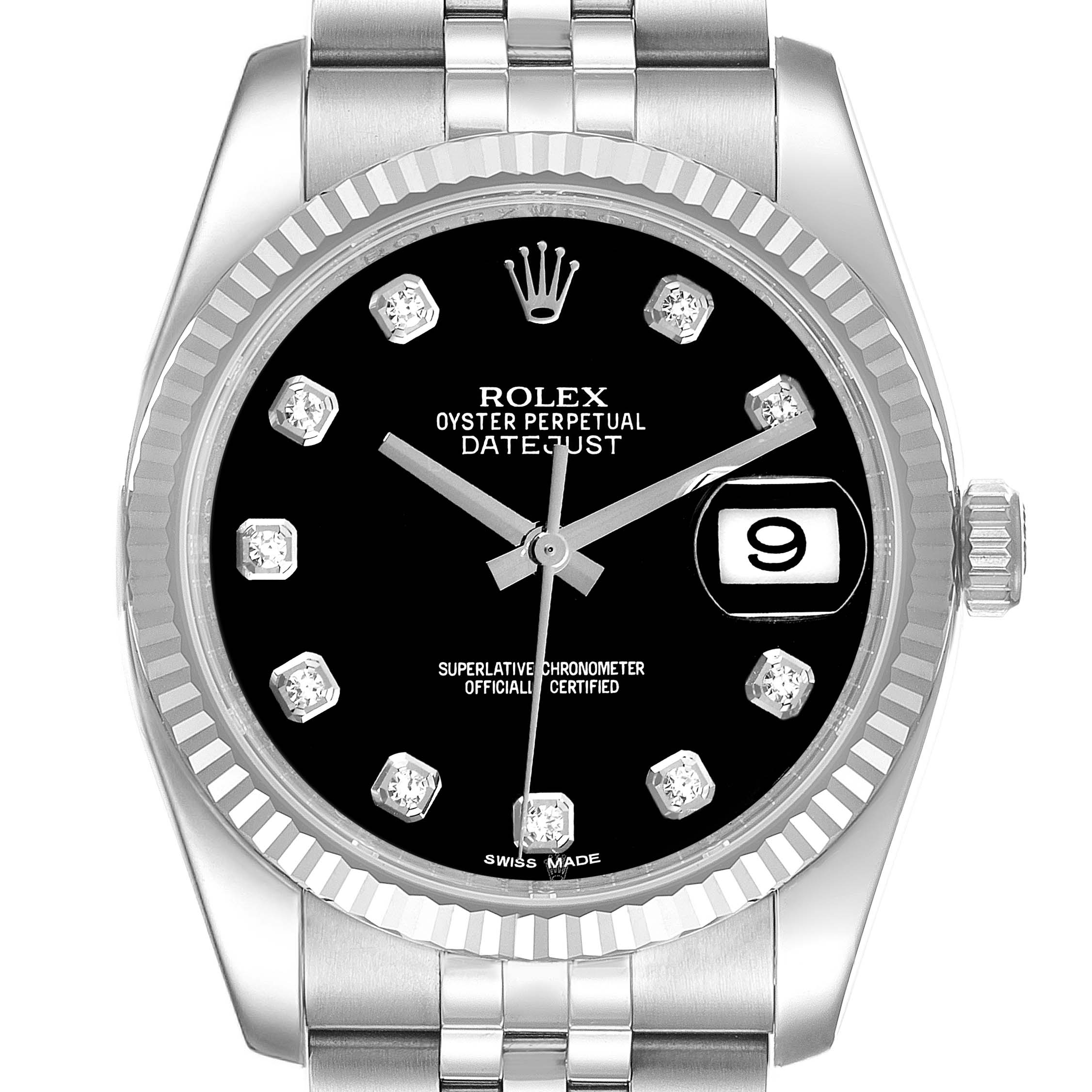 The image shows a frontal view of a Rolex Datejust 116234 Men
s Stainless Steel Black Dial 116234 Men
s Stainless Steel Black Dial watch, highlighting the dial, bezel, crown, and bracelet.