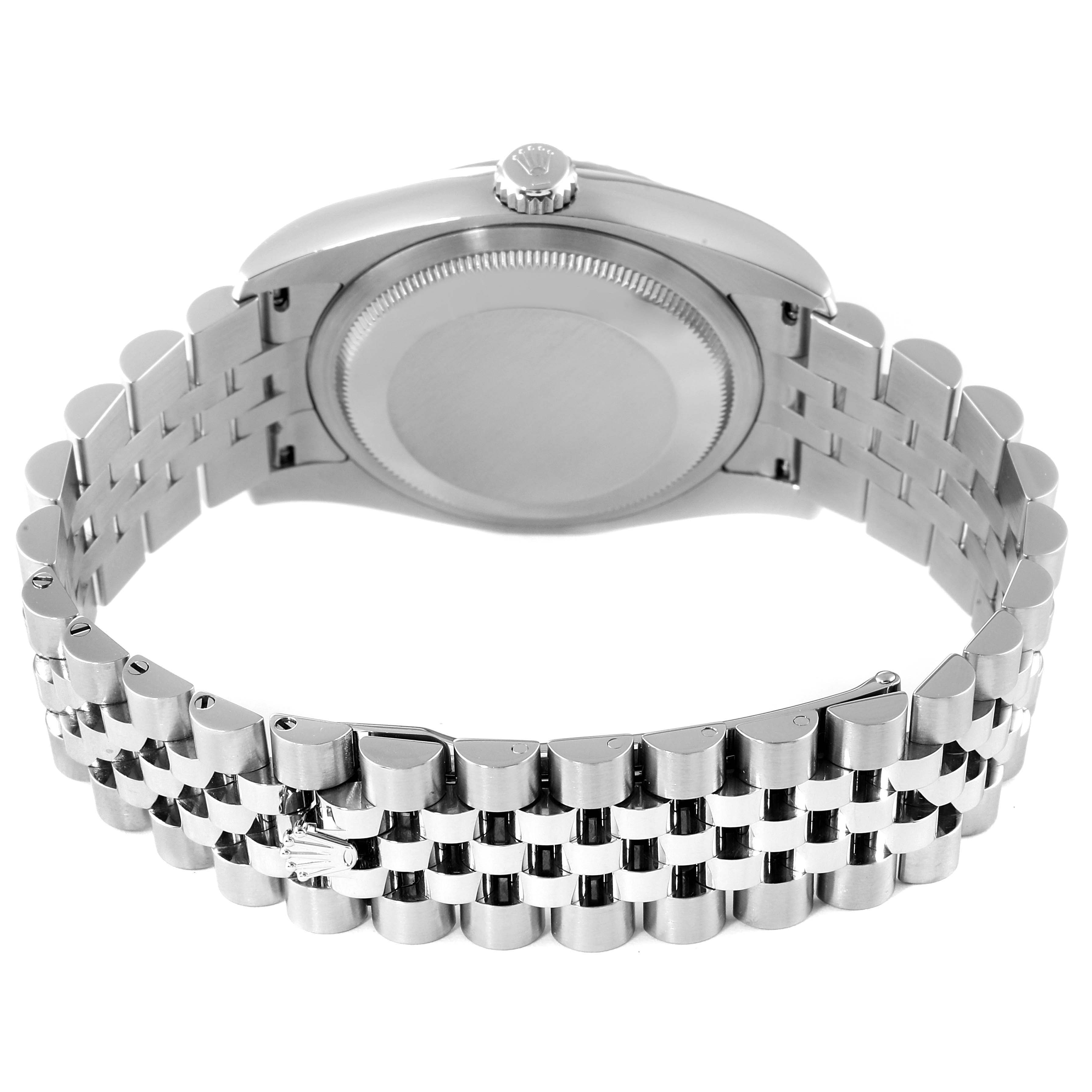 This image shows the back view of a Rolex Datejust 116234 Men
s Stainless Steel Black Dial 116234 Men
s Stainless Steel Black Dial watch, highlighting the case back and Jubilee bracelet.