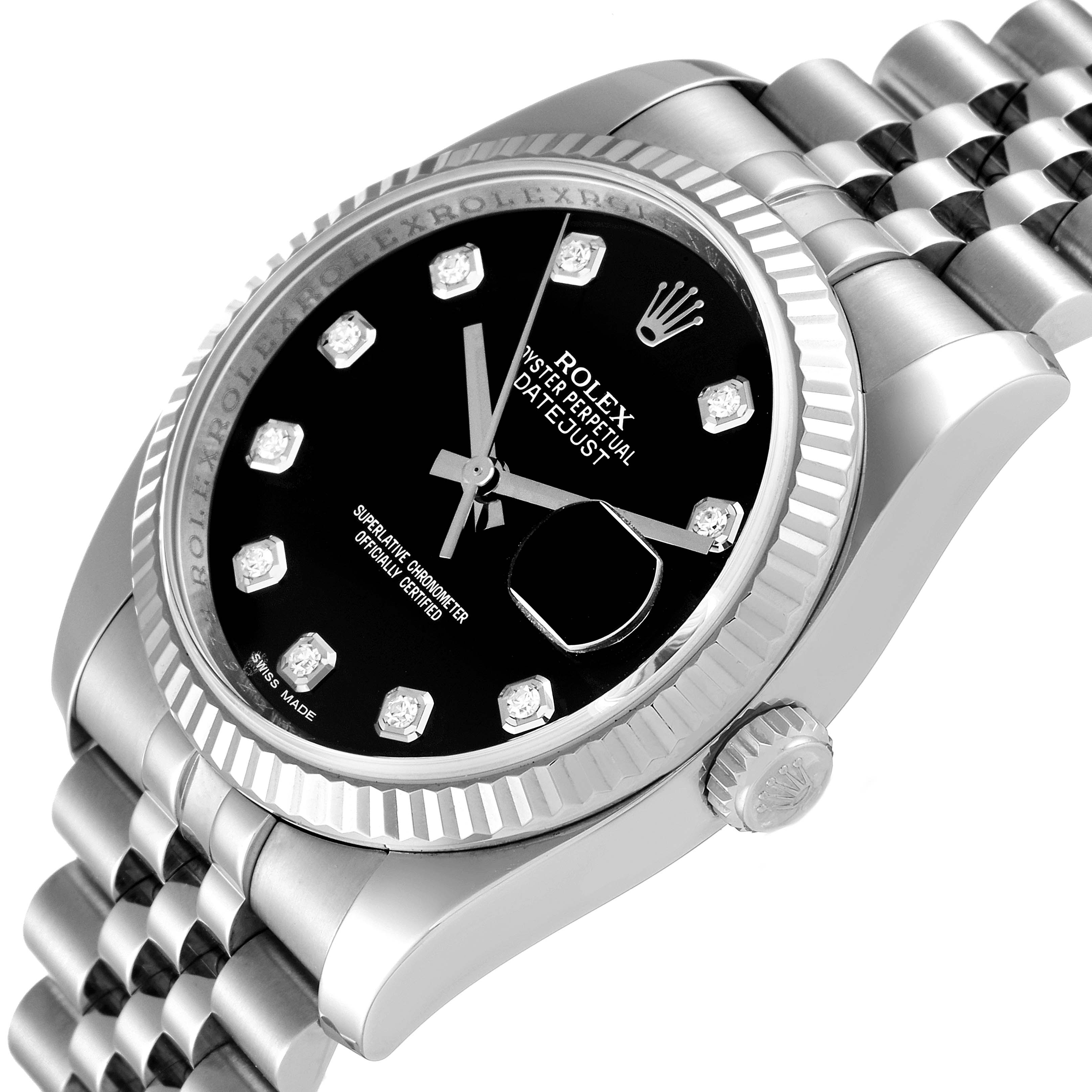 The Rolex Datejust 116234 Men
s Stainless Steel Black Dial 116234 Men
s Stainless Steel Black Dial watch is shown at a three-quarter angle, displaying its dial, bezel, and bracelet.