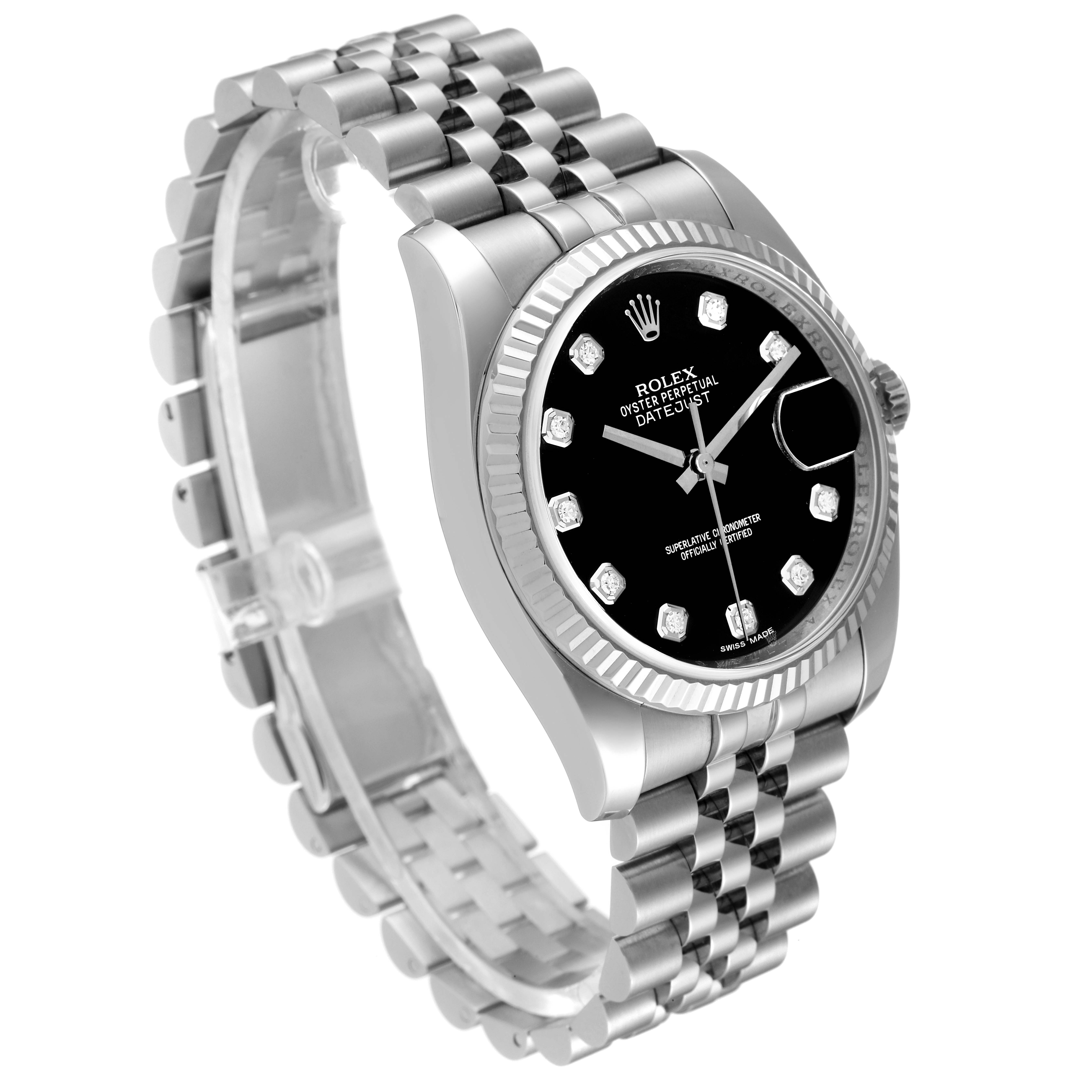 This image shows a Rolex Datejust 116234 Men
s Stainless Steel Black Dial 116234 Men
s Stainless Steel Black Dial watch at a three-quarter angle, highlighting the face, bezel, crown, and bracelet.