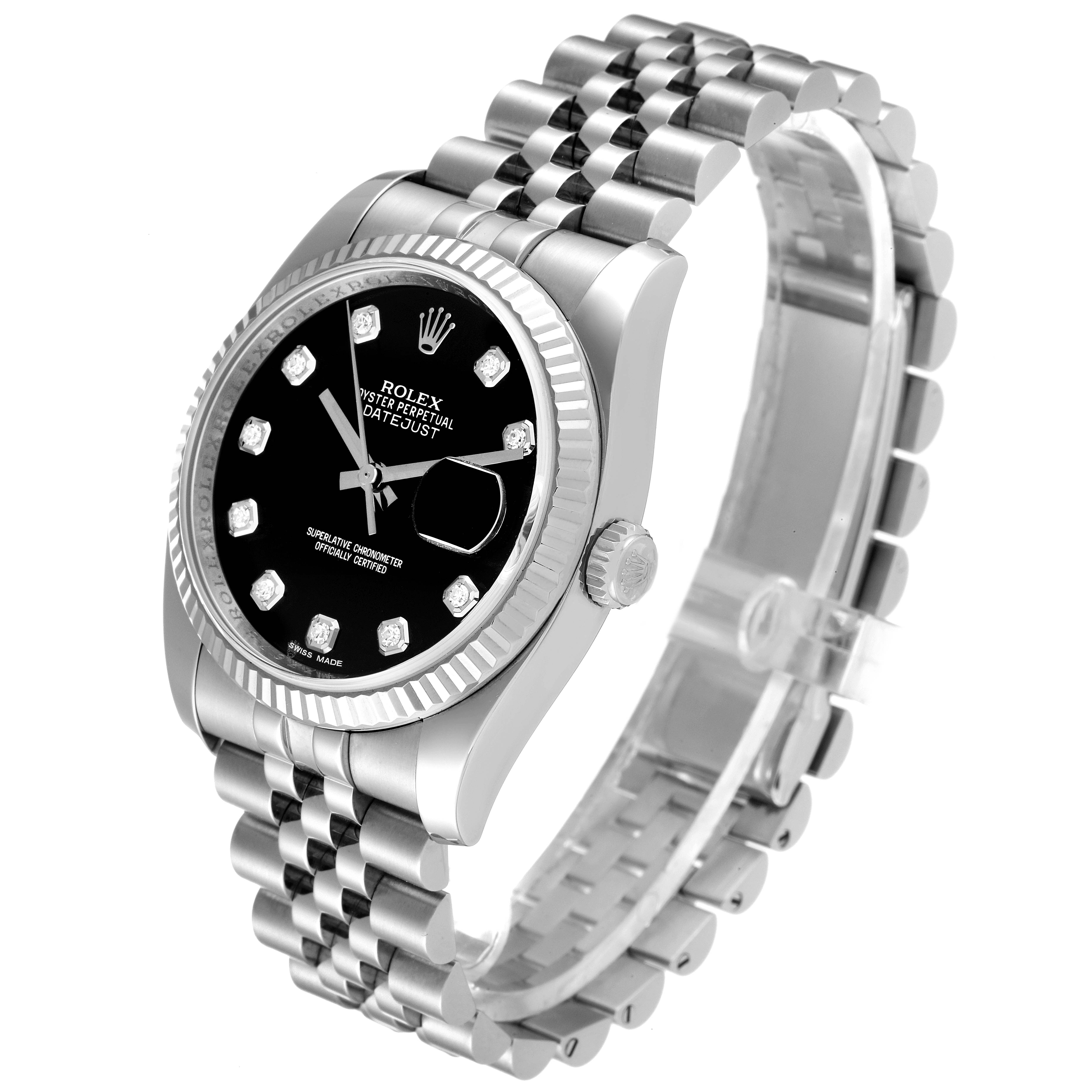 This image shows a Rolex Datejust 116234 Men
s Stainless Steel Black Dial 116234 Men
s Stainless Steel Black Dial watch at an angle, featuring the face, bezel, crown, and bracelet.