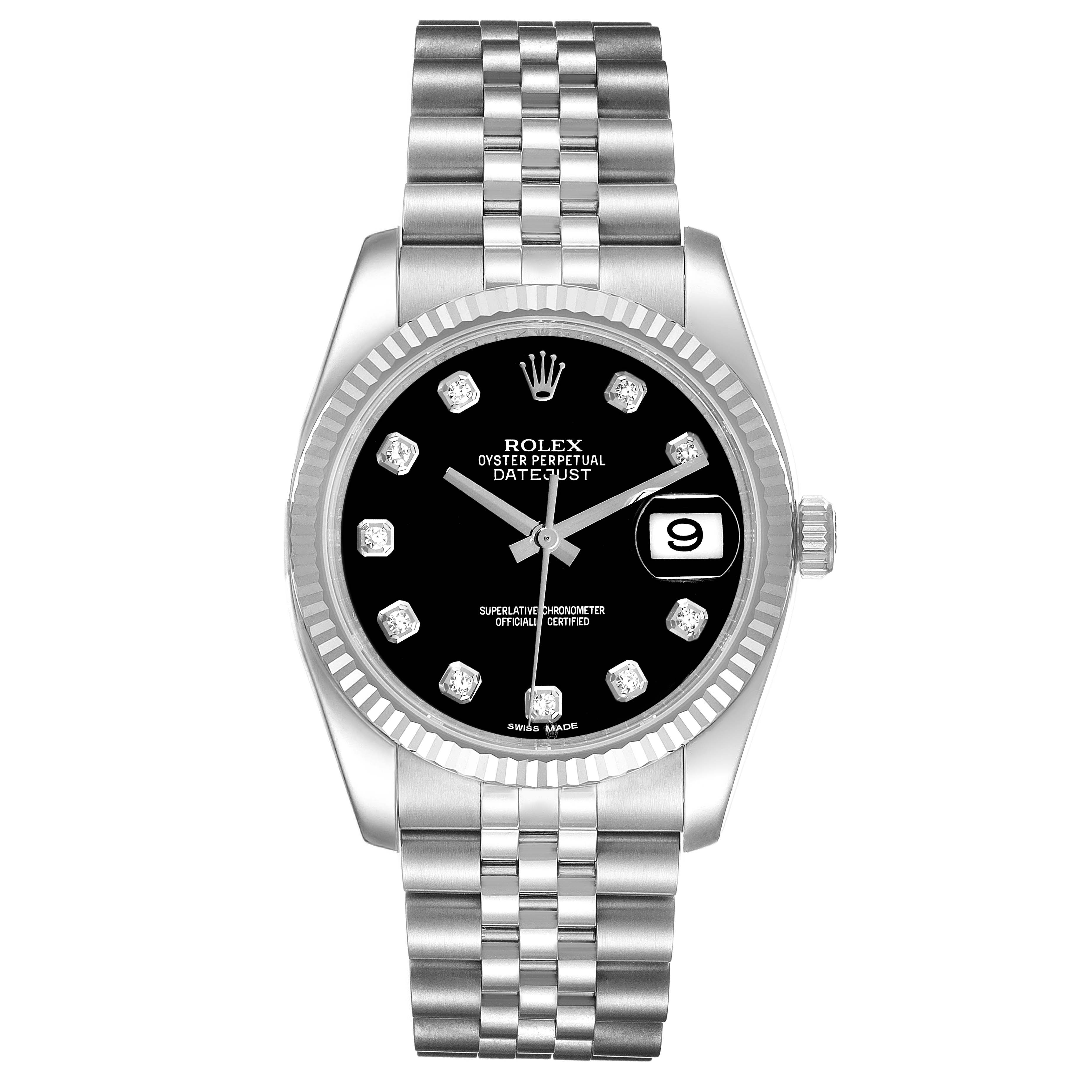 The image shows a frontal view of a Rolex Datejust 116234 Men
s Stainless Steel Black Dial 116234 Men
s Stainless Steel Black Dial watch, highlighting its dial, bezel, hands, and bracelet.