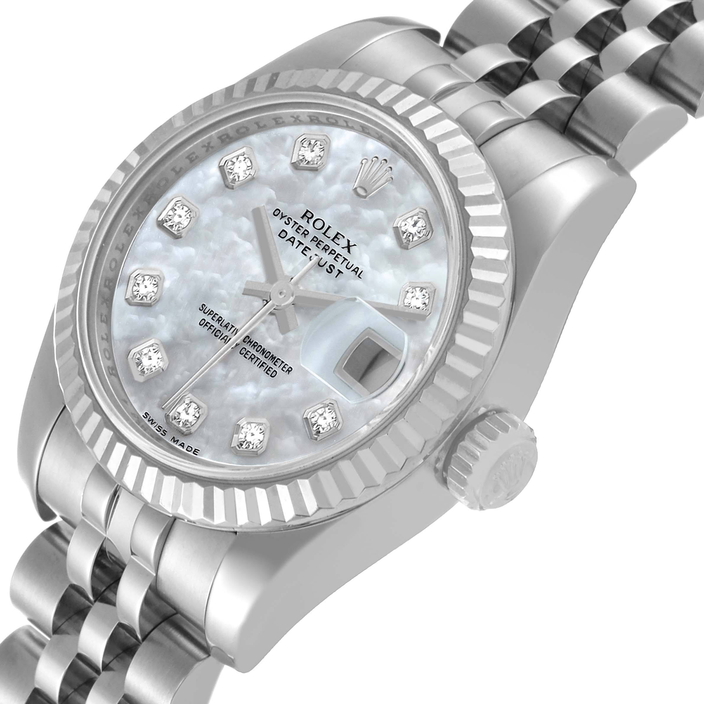 The image shows a Rolex Datejust 179174 Women's Stainless Steel Mother of Pearl Dial 179174 Women's Stainless Steel Mother of Pearl Dial watch at an angle displaying its dial, bezel, crown, and part of the bracelet.