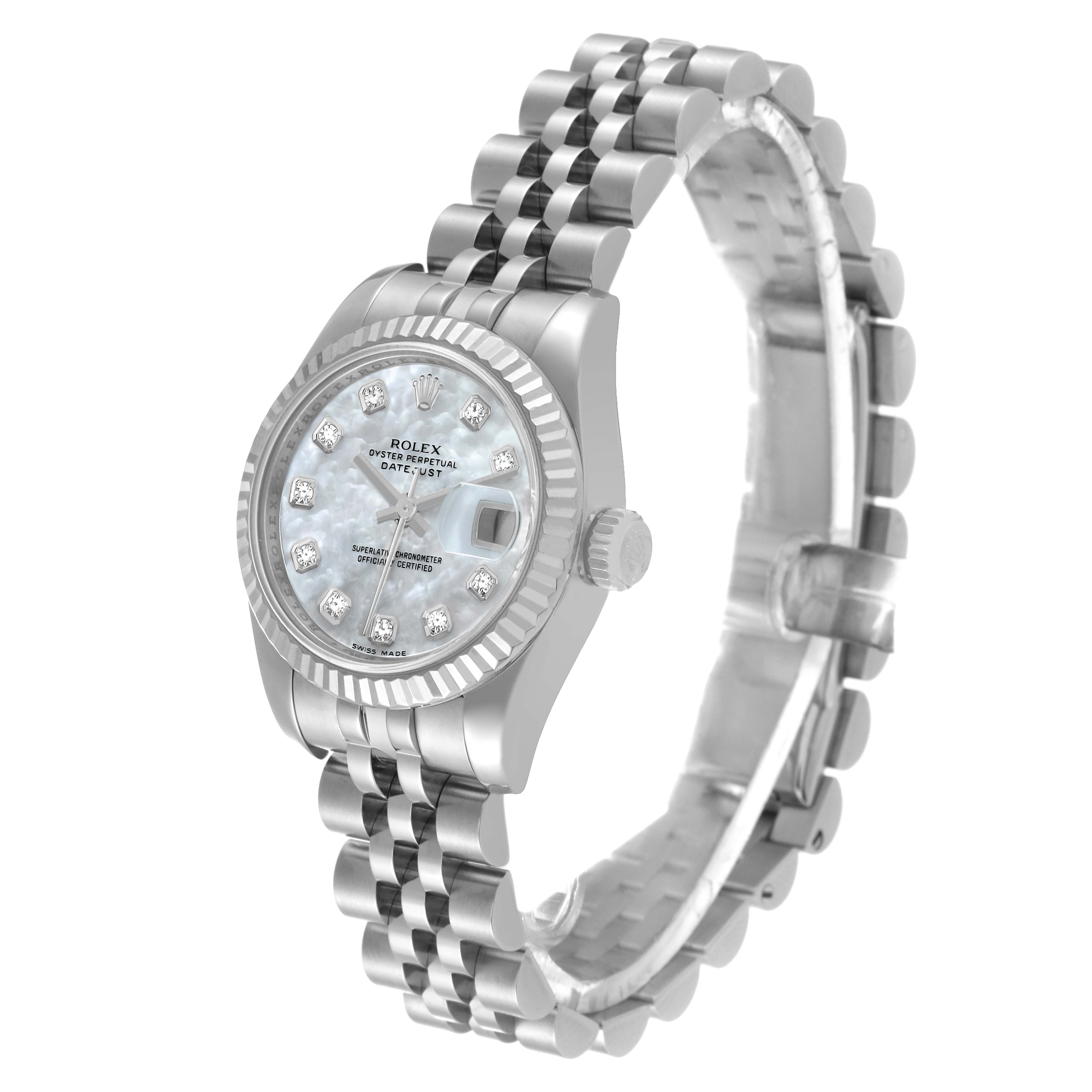 The Rolex Datejust 179174 Women's Stainless Steel Mother of Pearl Dial 179174 Women's Stainless Steel Mother of Pearl Dial watch is shown at a three-quarter angle, displaying the face, bezel, crown, and bracelet.