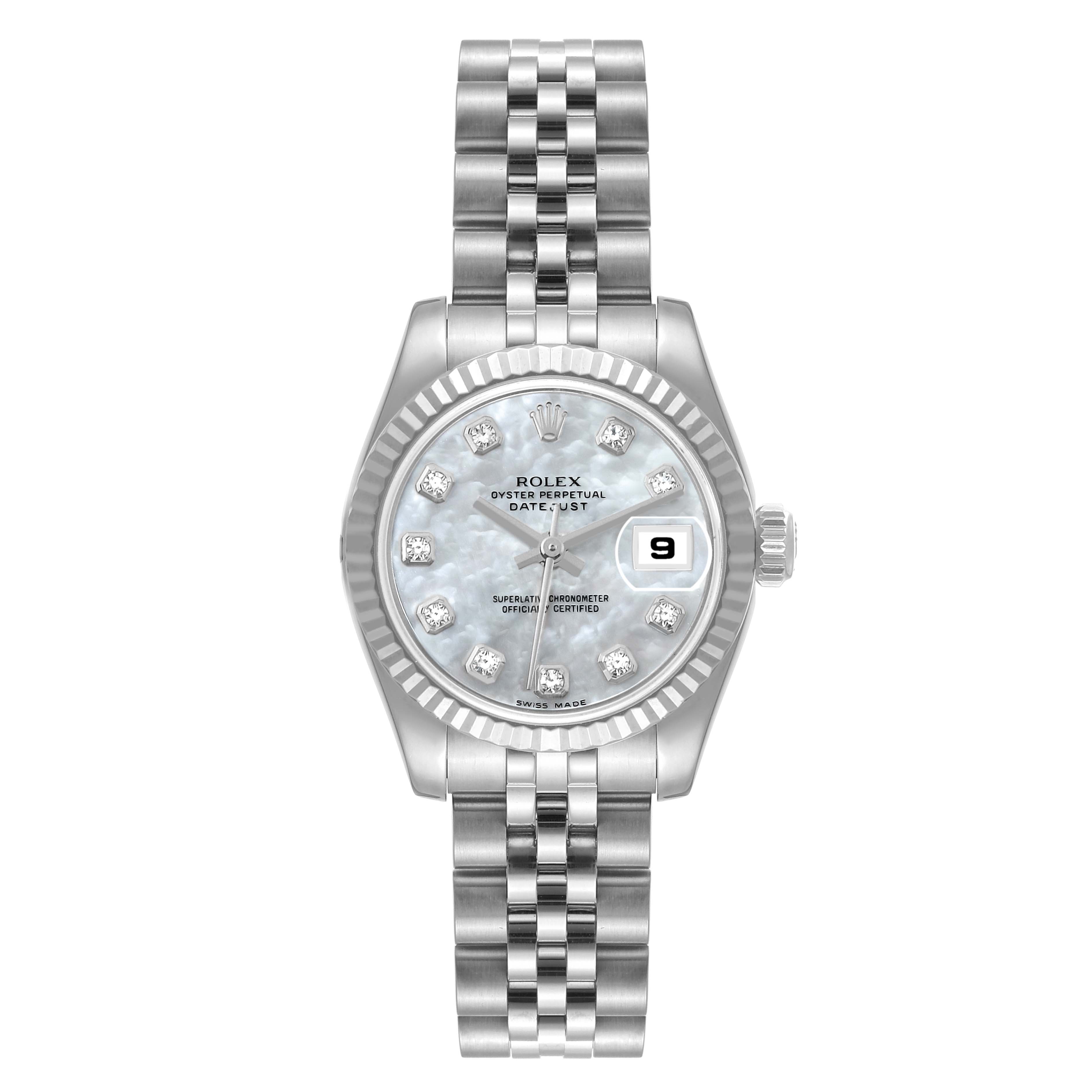 The Rolex Datejust 179174 Women's Stainless Steel Mother of Pearl Dial 179174 Women's Stainless Steel Mother of Pearl Dial watch is shown from a front angle, displaying its dial, bezel, and bracelet.