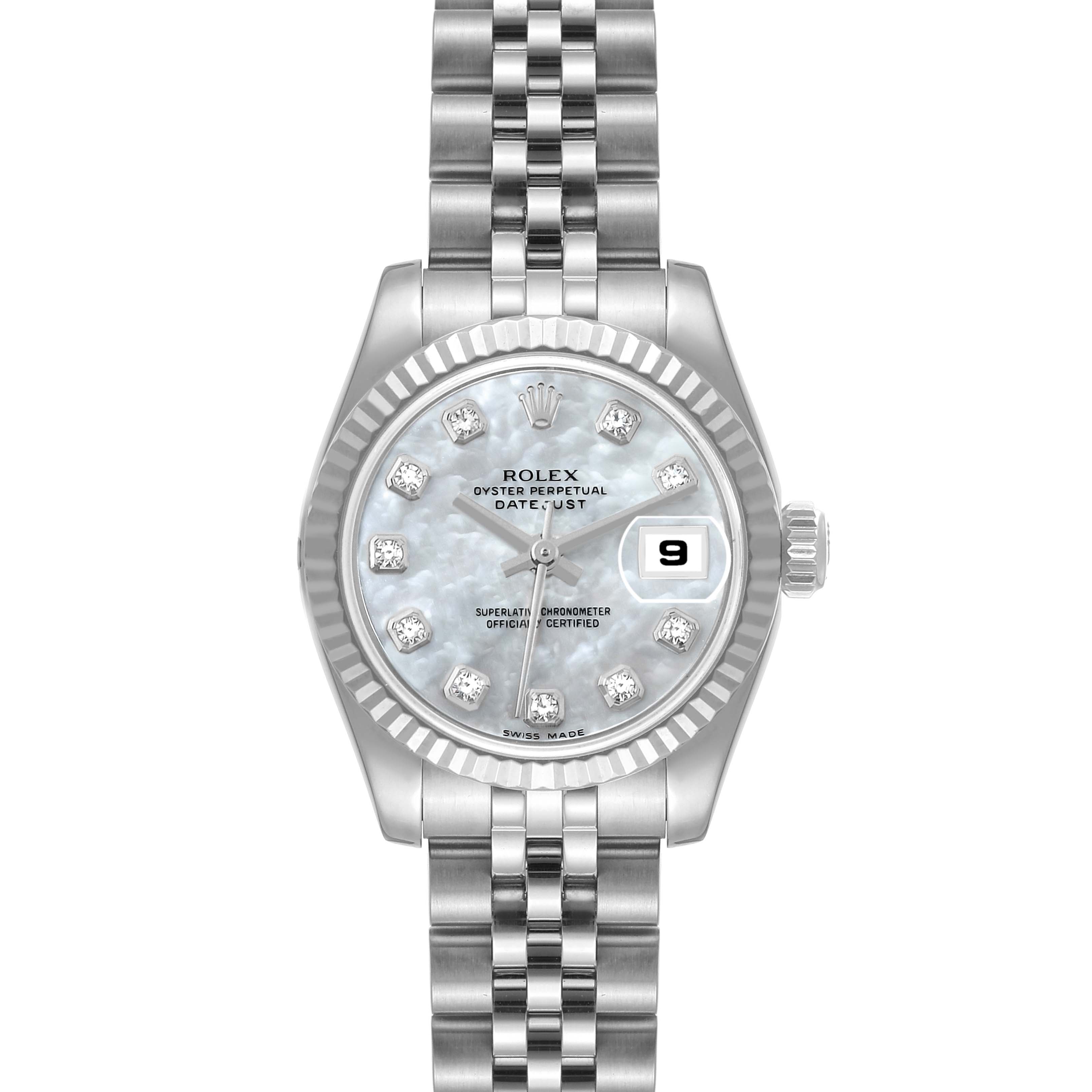 The image shows a front view of a Rolex Datejust 179174 Women's Stainless Steel Mother of Pearl Dial 179174 Women's Stainless Steel Mother of Pearl Dial watch, highlighting the dial, bezel, bracelet, and date window at 3 o'clock.