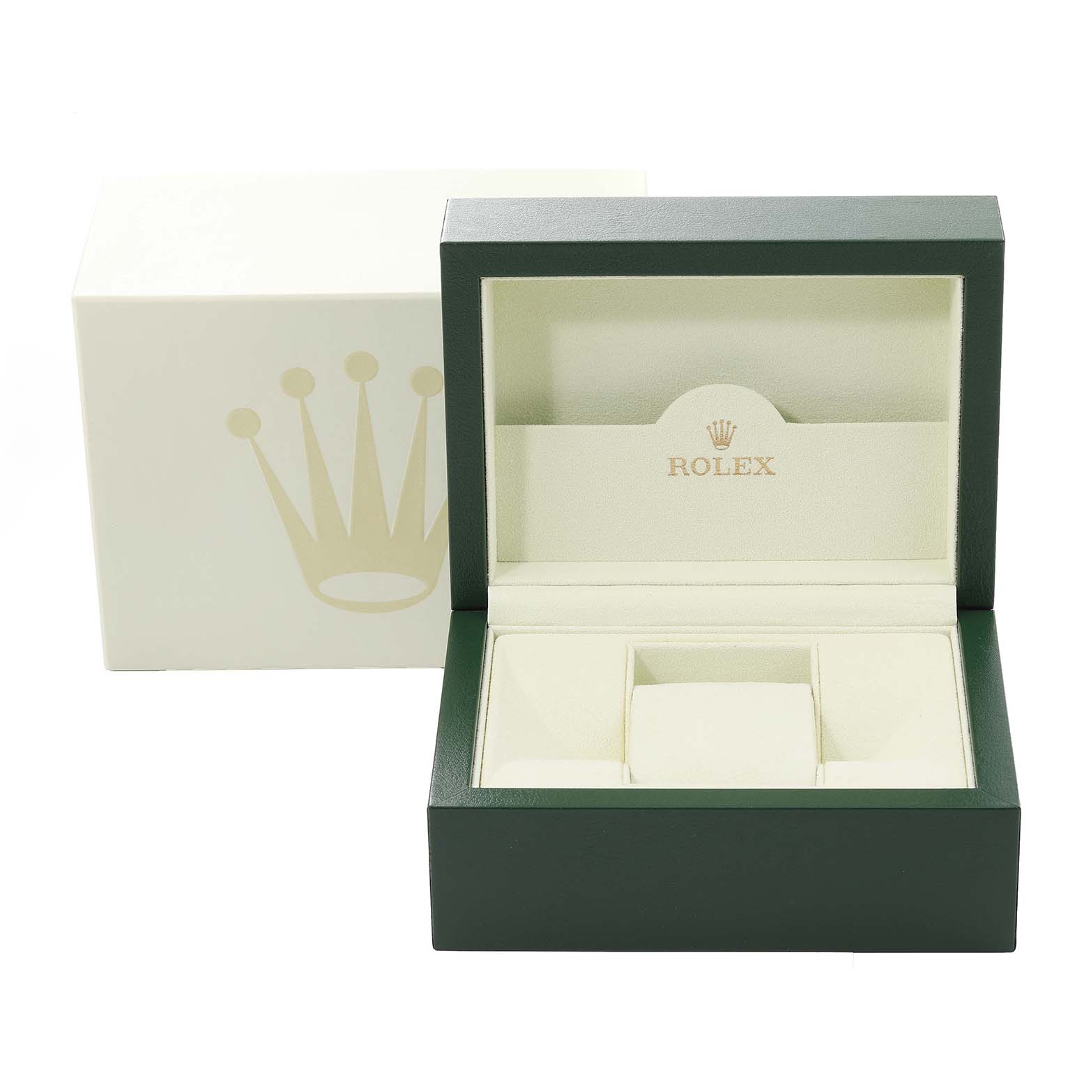 The image shows an empty green and beige Rolex Datejust 179174 Women's Stainless Steel Mother of Pearl Dial 179174 Women's Stainless Steel Mother of Pearl Dial watch box with the brand logo inside and outside.