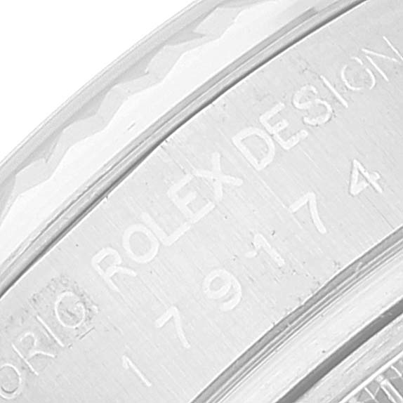 The image shows a close-up view of the Rolex Datejust 179174 Women's Stainless Steel Mother of Pearl Dial 179174 Women's Stainless Steel Mother of Pearl Dial model engraving on its case back.