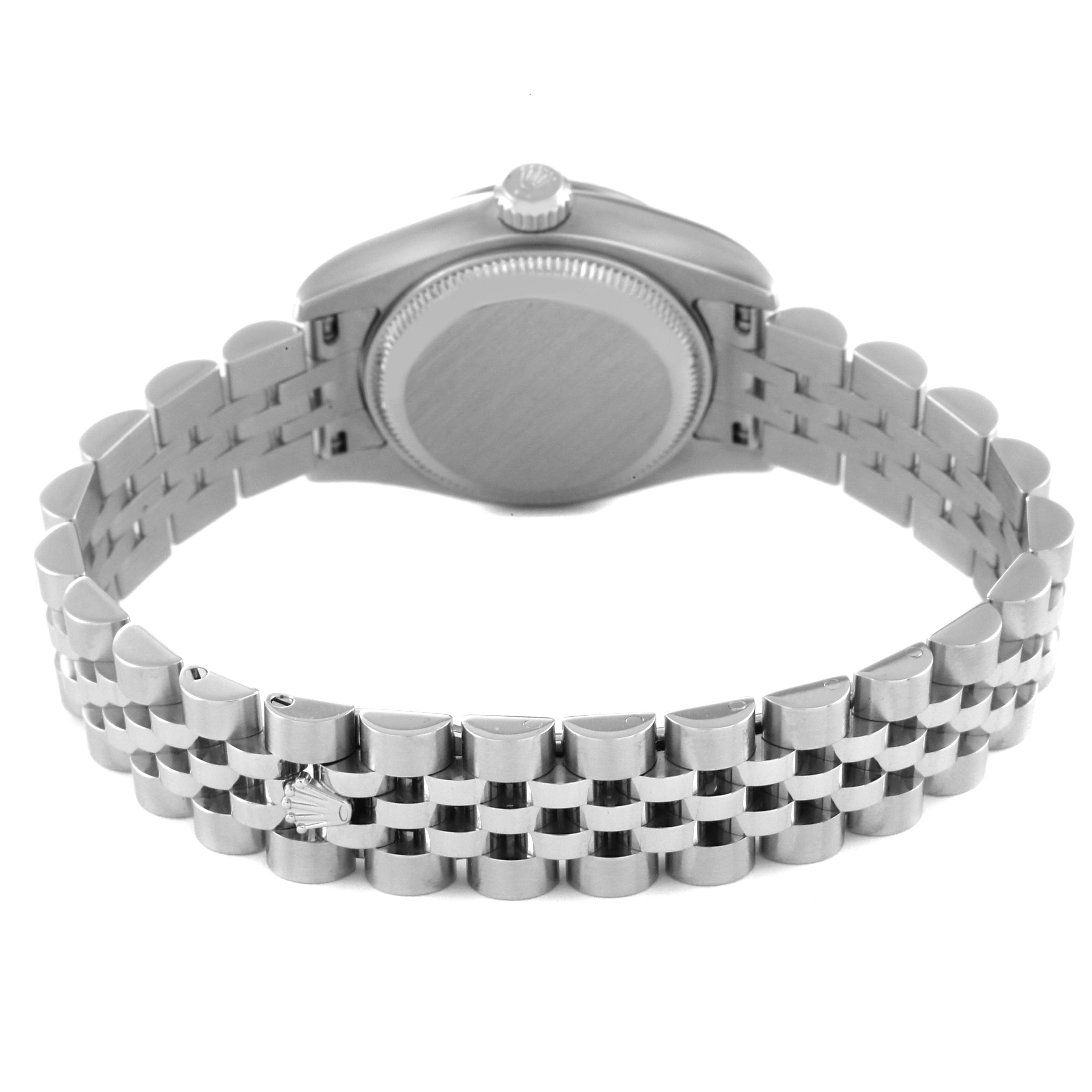 The image shows the back casing and bracelet of a Rolex Datejust 179174 Women's Stainless Steel Mother of Pearl Dial 179174 Women's Stainless Steel Mother of Pearl Dial watch from a rear angle.