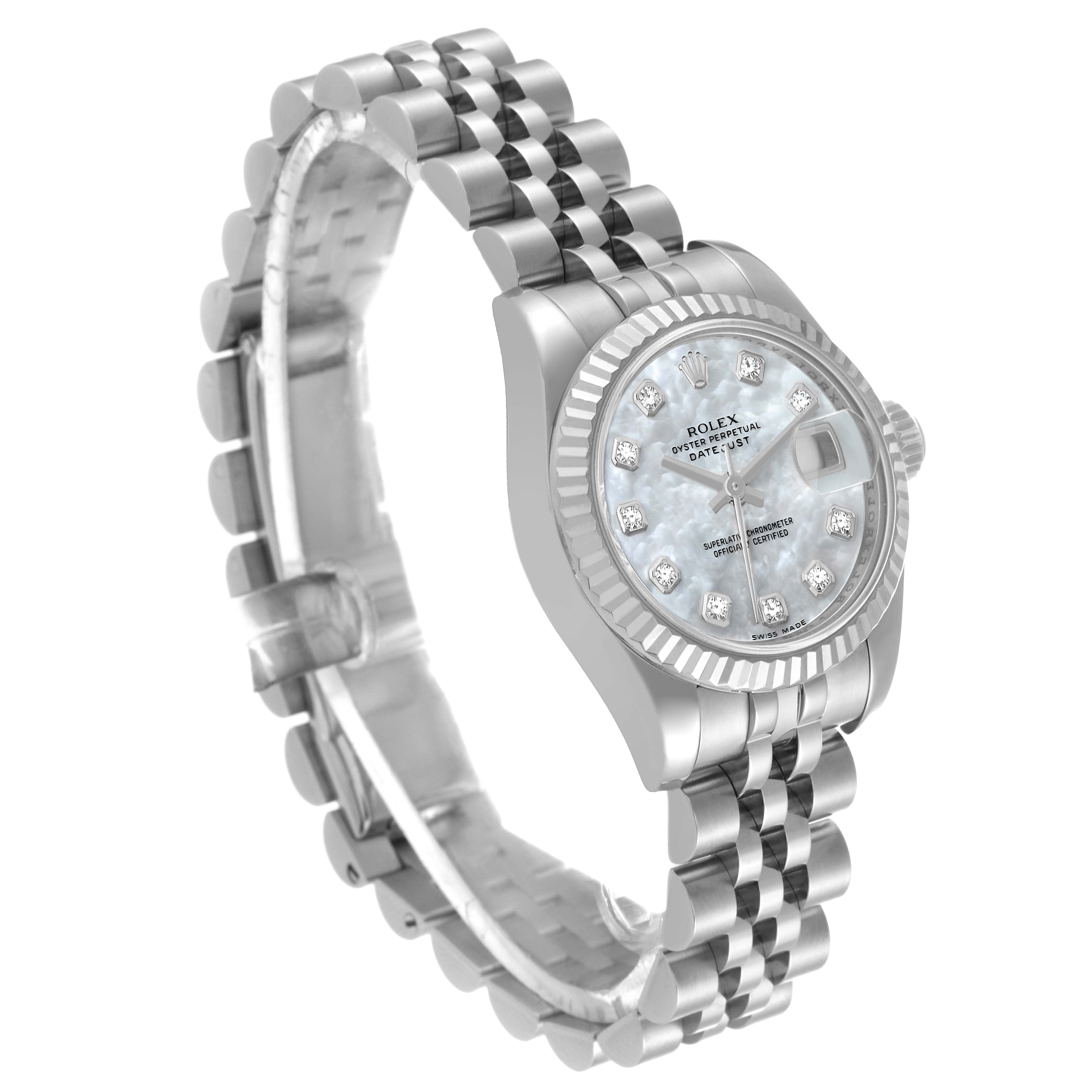 The Rolex Datejust 179174 Women's Stainless Steel Mother of Pearl Dial 179174 Women's Stainless Steel Mother of Pearl Dial watch is shown at a slight angle, emphasizing its face and bracelet.