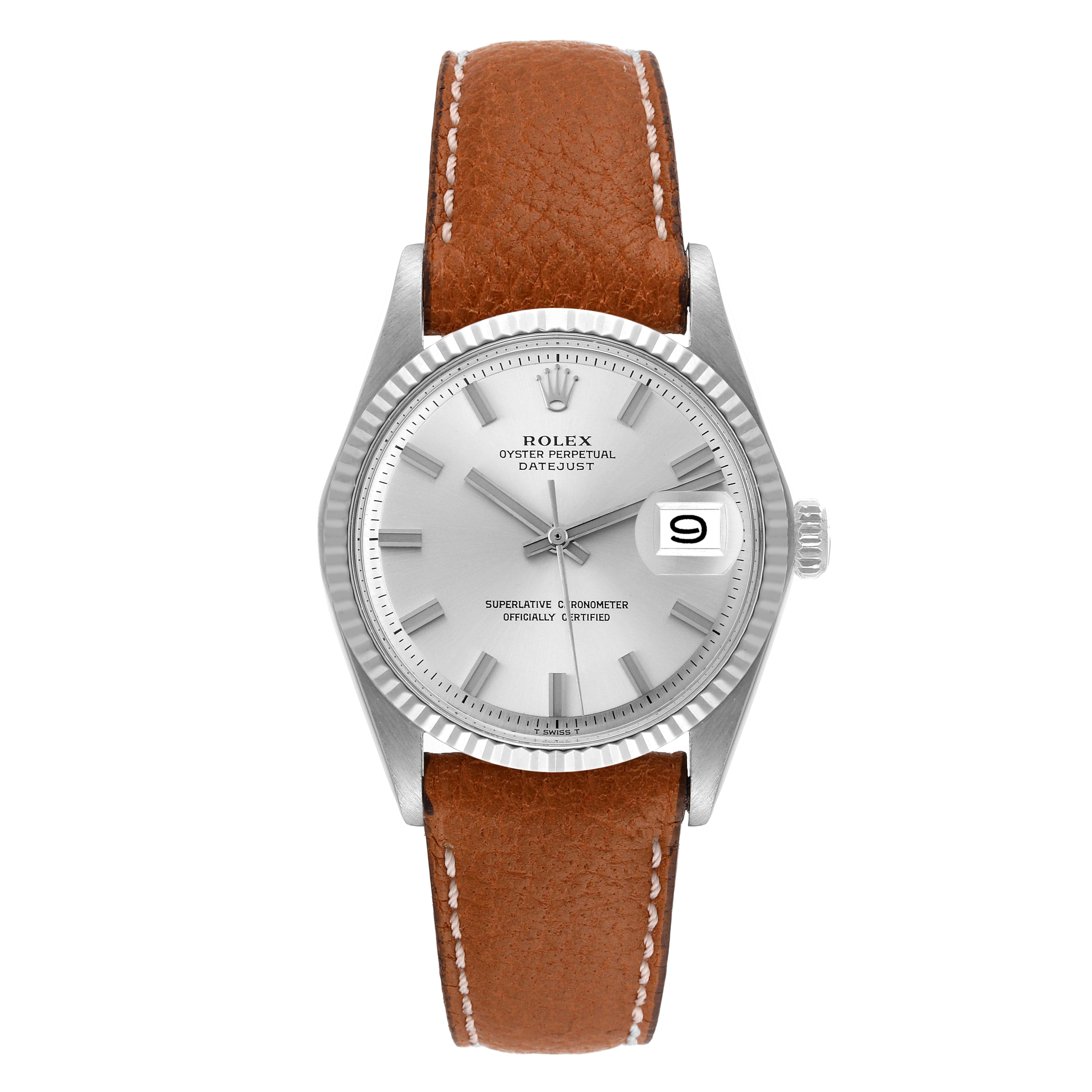 This image shows a front view of the Rolex Vintage Collection 1601 Men
s Stainless Steel Silver Dial 1601 Men
s Stainless Steel Silver Dial Oyster Perpetual Datejust with its case, dial, and brown leather strap visible.