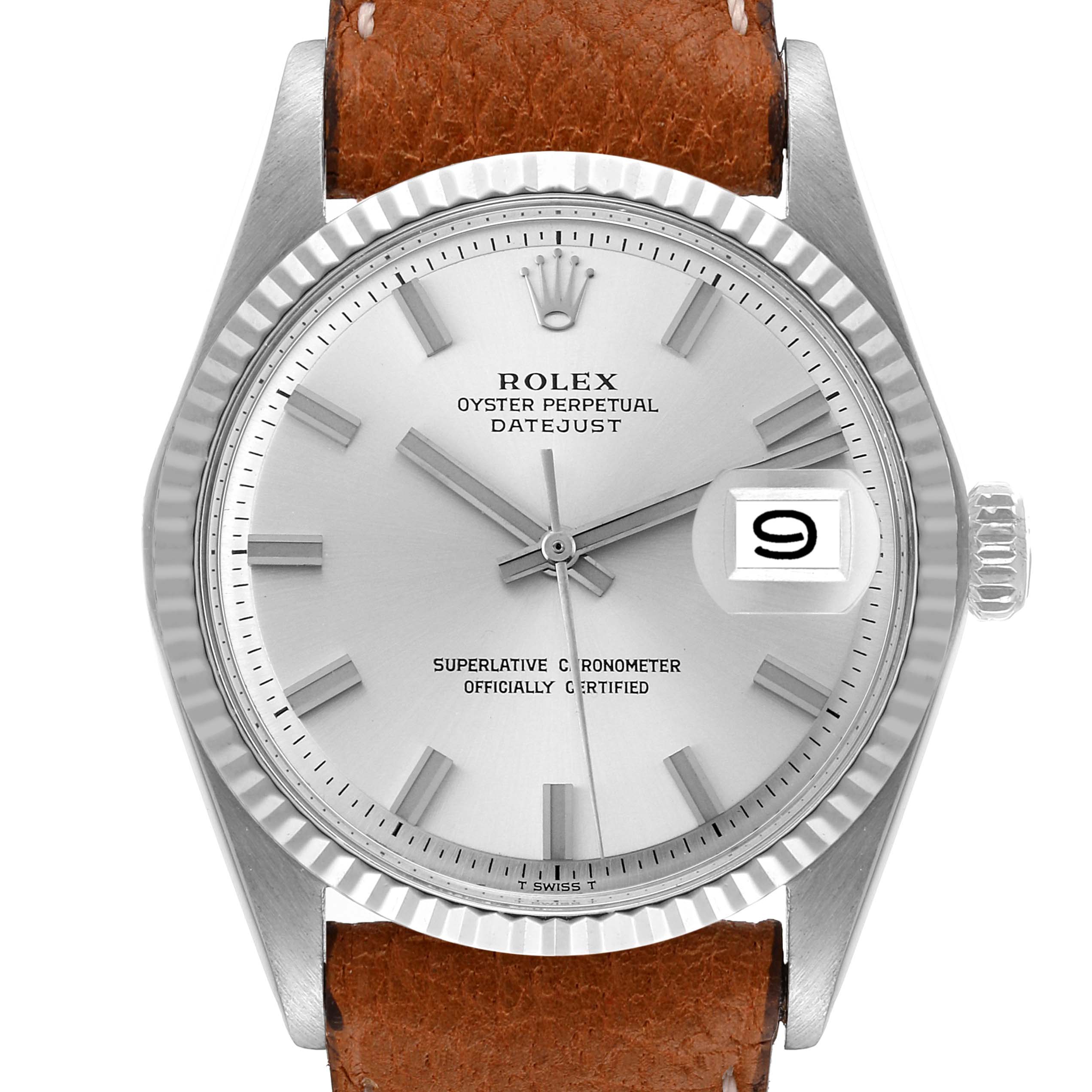 This image shows a frontal view of the Rolex Vintage Collection 1601 Men
s Stainless Steel Silver Dial 1601 Men
s Stainless Steel Silver Dial Oyster Perpetual Datejust, highlighting the dial, bezel, and part of the leather strap.