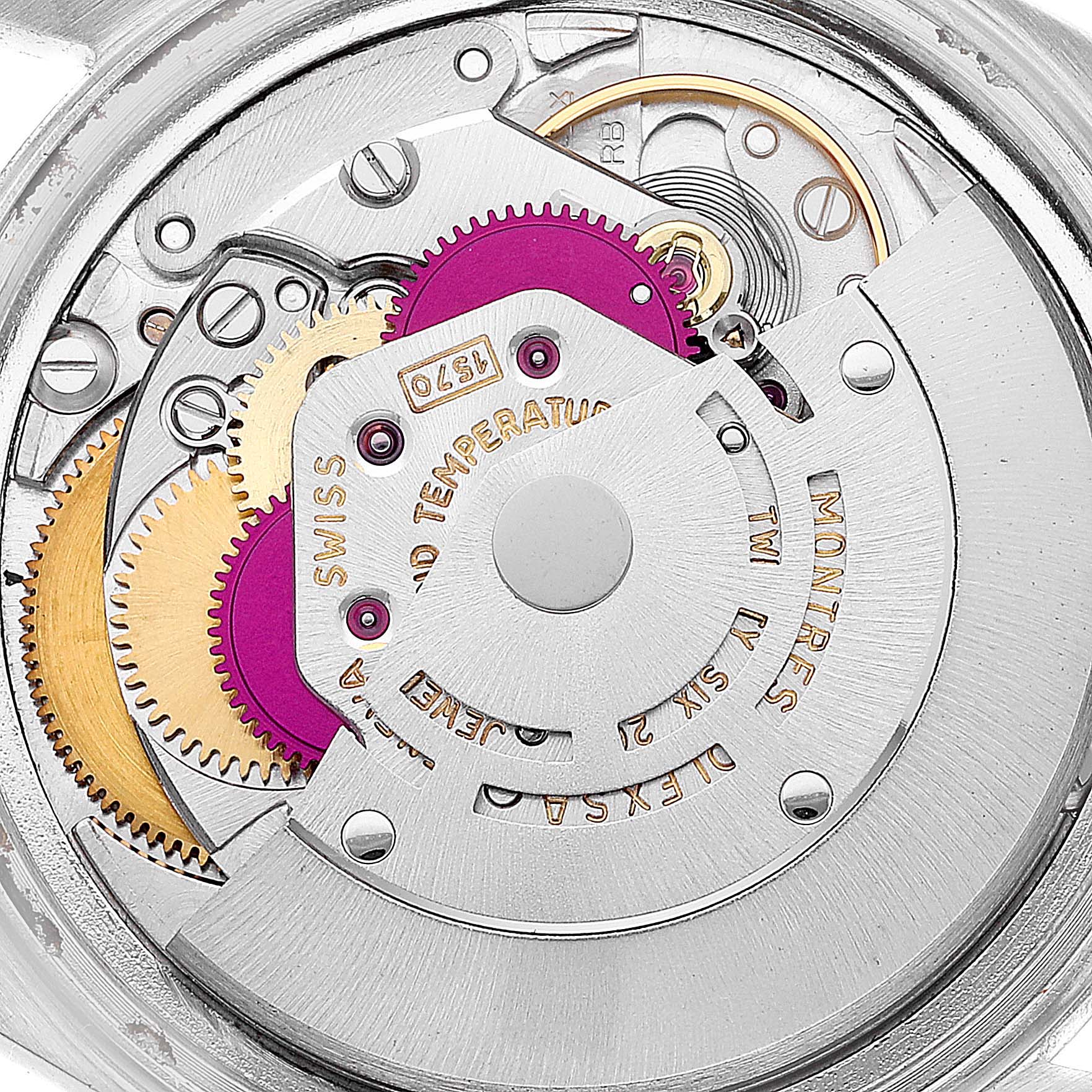 This image shows a close-up view of the inner movement mechanism of the Rolex Vintage Collection 1601 Men
s Stainless Steel Silver Dial 1601 Men
s Stainless Steel Silver Dial watch.