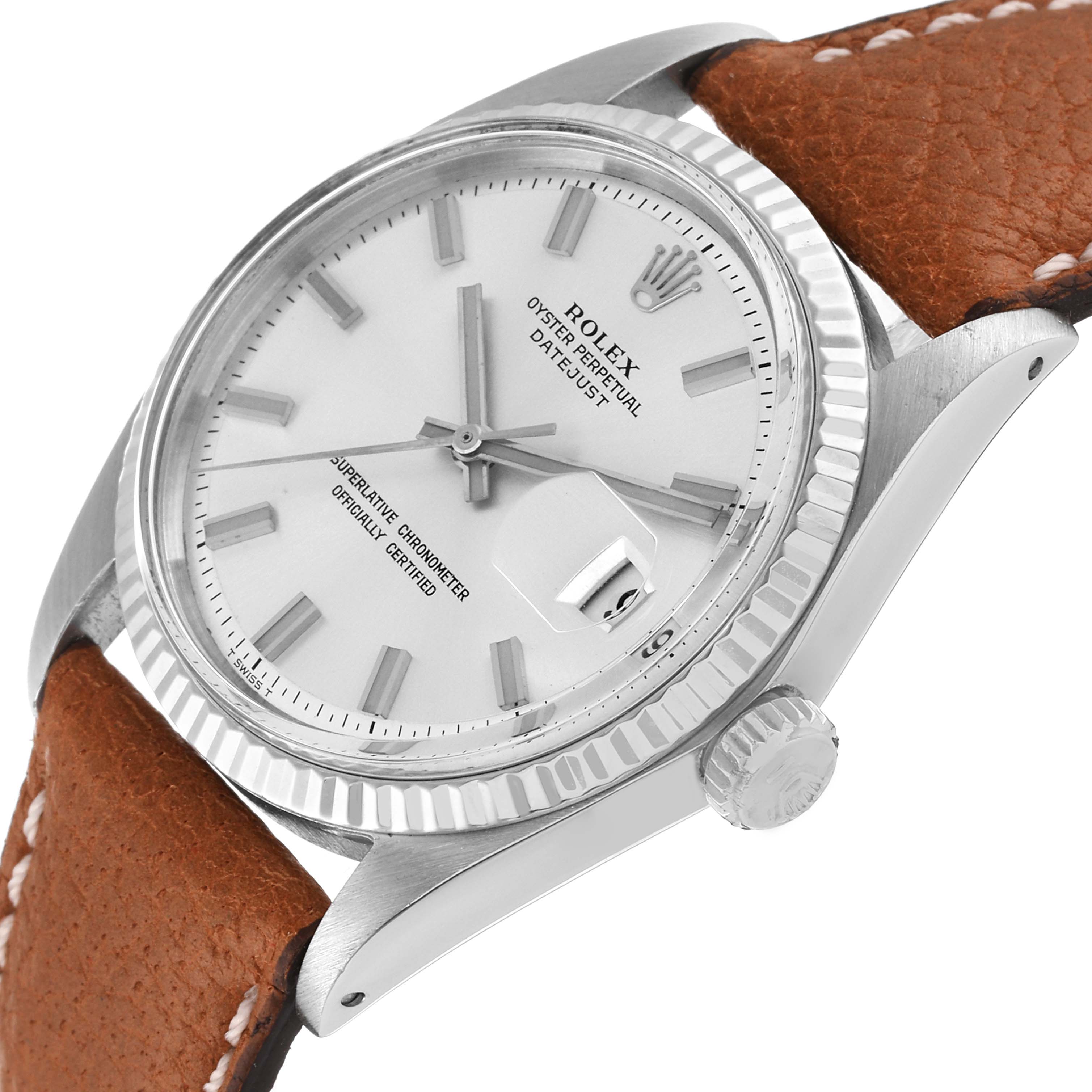 The Rolex Vintage Collection 1601 Men
s Stainless Steel Silver Dial 1601 Men
s Stainless Steel Silver Dial model watch is shown at a slight front-facing angle, highlighting the dial, bezel, crown, and leather strap.