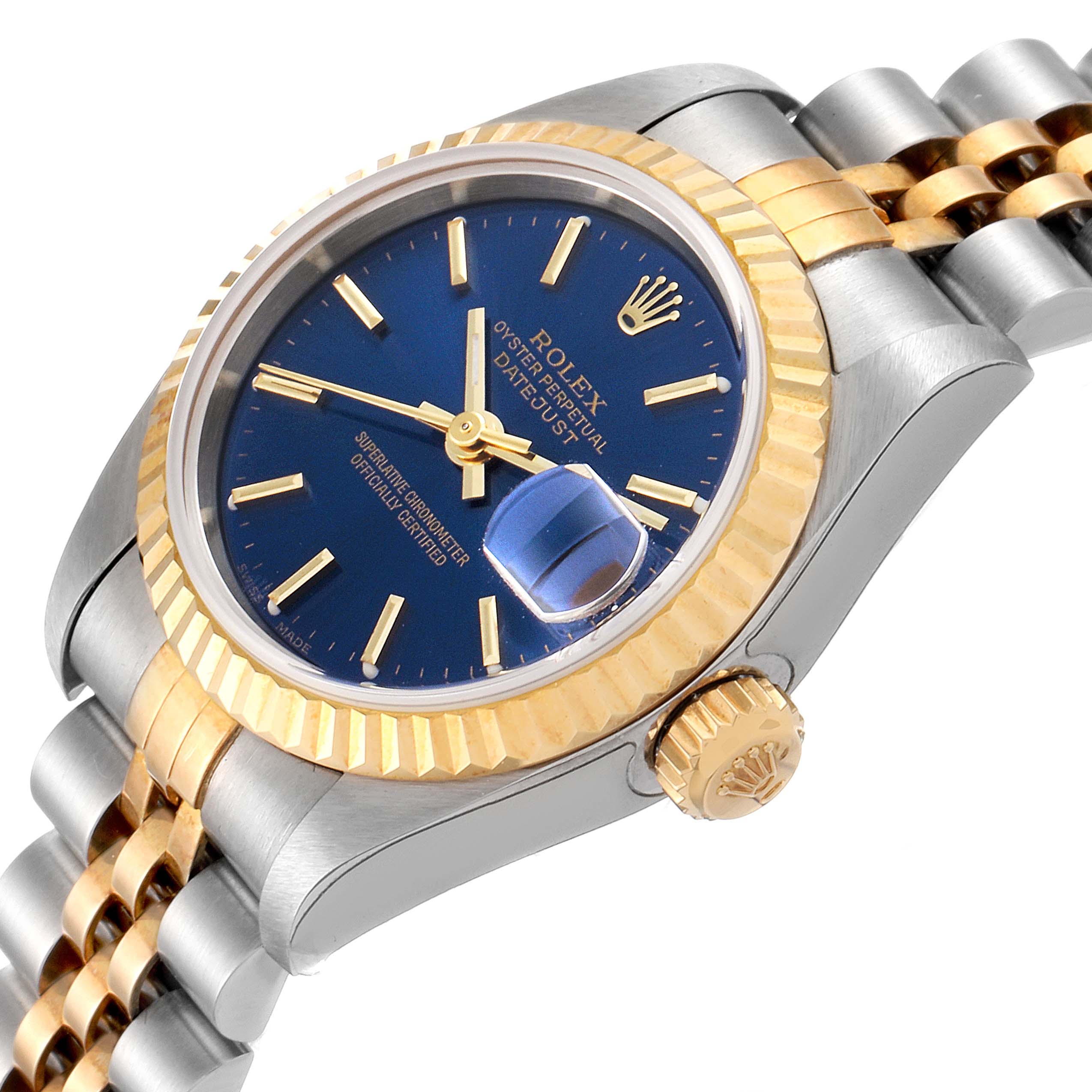 The Rolex Datejust 79173 Women's Steel and Gold (two tone) Blue Dial 79173 Women's Steel and Gold (two tone) Blue Dial watch is shown from a three-quarter angle, highlighting the face, crown, and part of the bracelet.