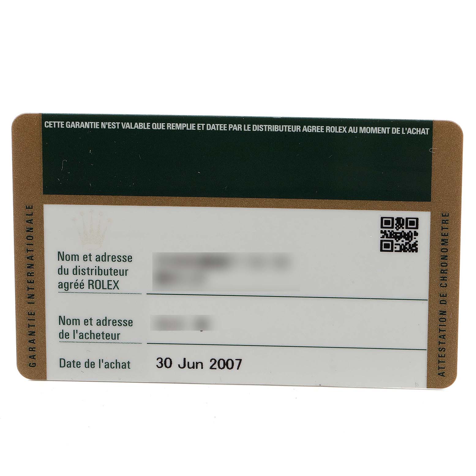 This image shows a warranty card for a Rolex Datejust 79173 Women's Steel and Gold (two tone) Blue Dial 79173 Women's Steel and Gold (two tone) Blue Dial watch, dated 30 June 2007.