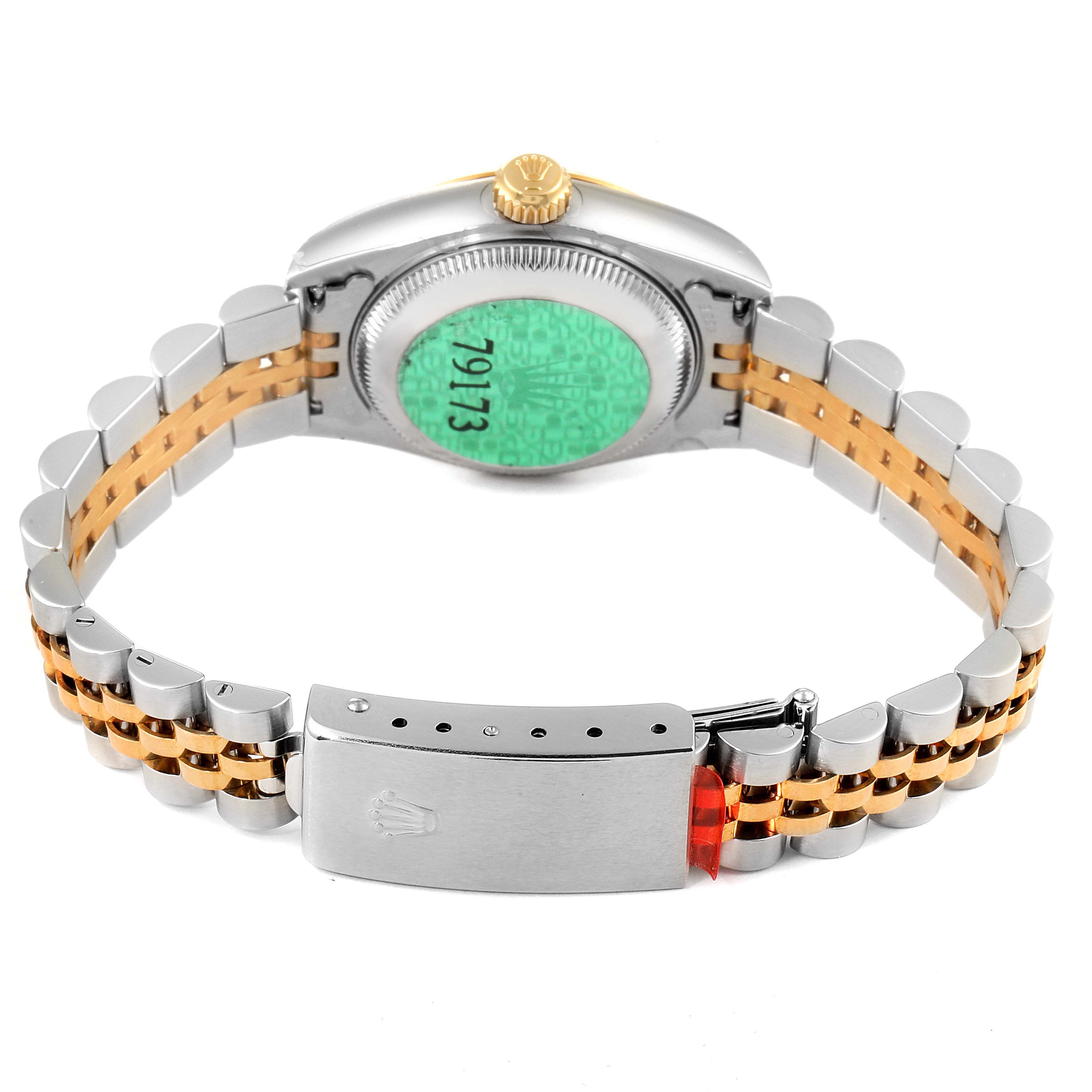 The image shows the back view of a Rolex Datejust 79173 Women's Steel and Gold (two tone) Blue Dial 79173 Women's Steel and Gold (two tone) Blue Dial watch, highlighting the clasp, bracelet, and case back.