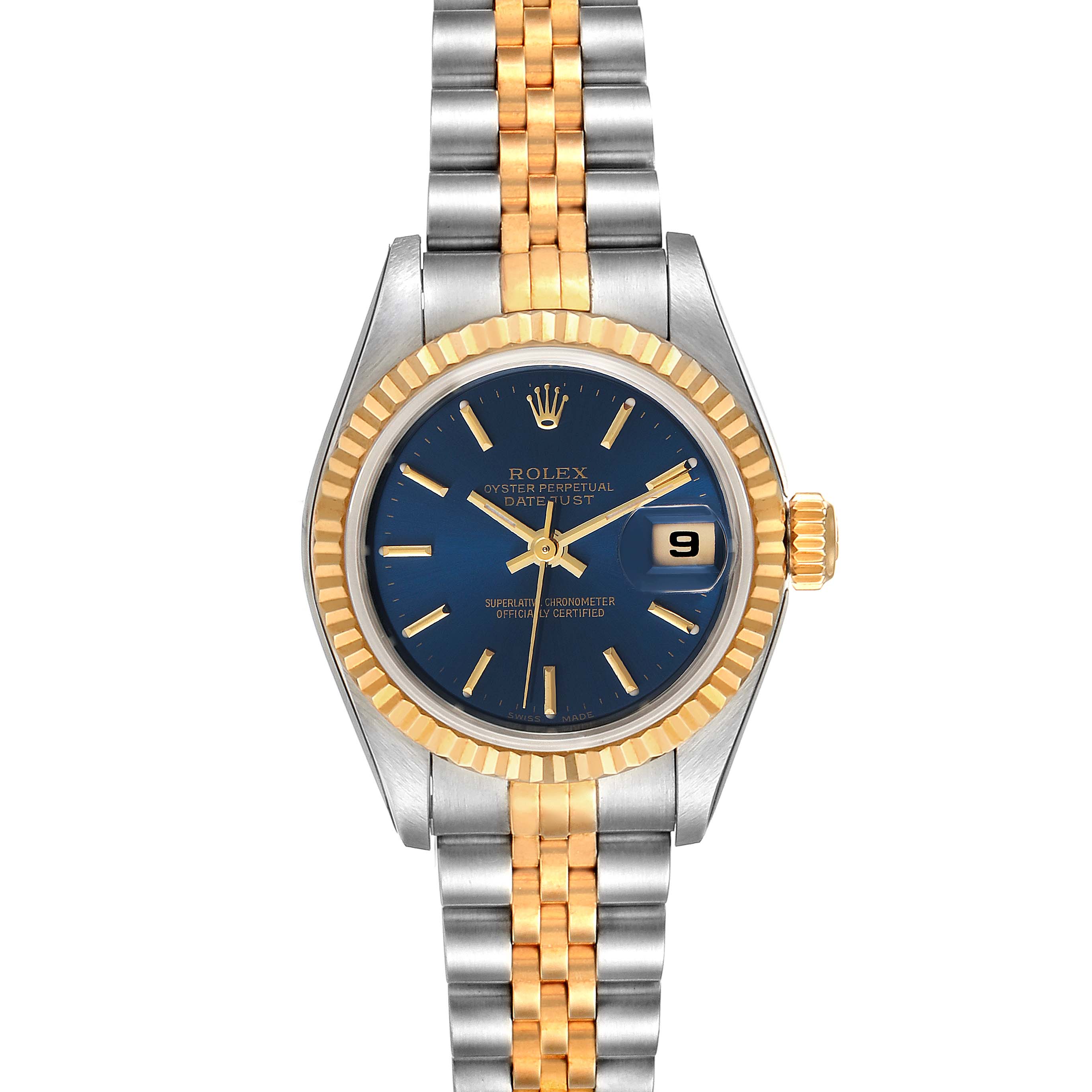 This image shows a front view of the Rolex Datejust 79173 Women's Steel and Gold (two tone) Blue Dial 79173 Women's Steel and Gold (two tone) Blue Dial watch, highlighting its blue dial, gold fluted bezel, and two-tone bracelet.