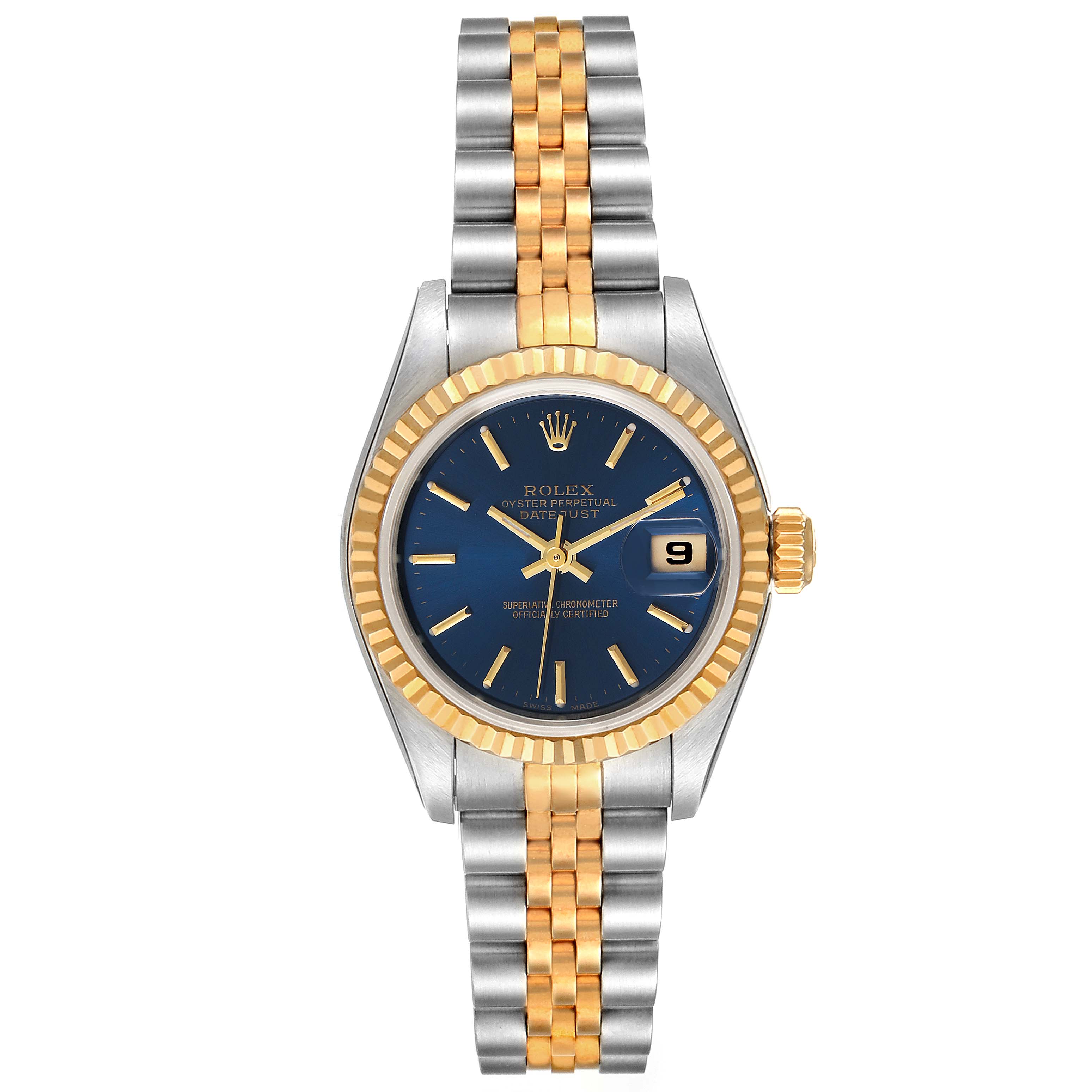 This Rolex Datejust 79173 Women's Steel and Gold (two tone) Blue Dial 79173 Women's Steel and Gold (two tone) Blue Dial watch is shown from a front angle, displaying the face, bezel, and bracelet clearly.
