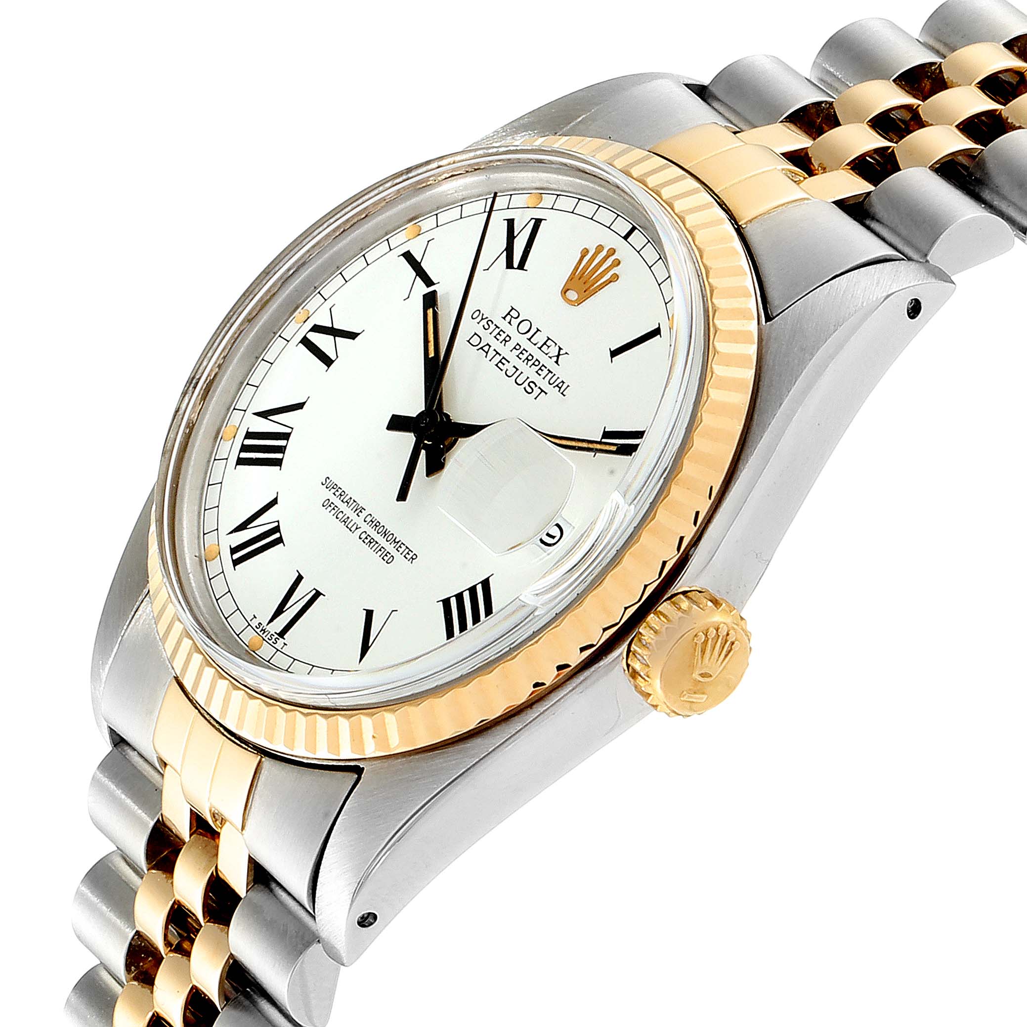 The Rolex Vintage Collection 16013 Men's Stainless Steel White Dial 16013 Men's Stainless Steel White Dial Datejust watch is shown at an oblique angle displaying the dial, bezel, crown, and bracelet.
