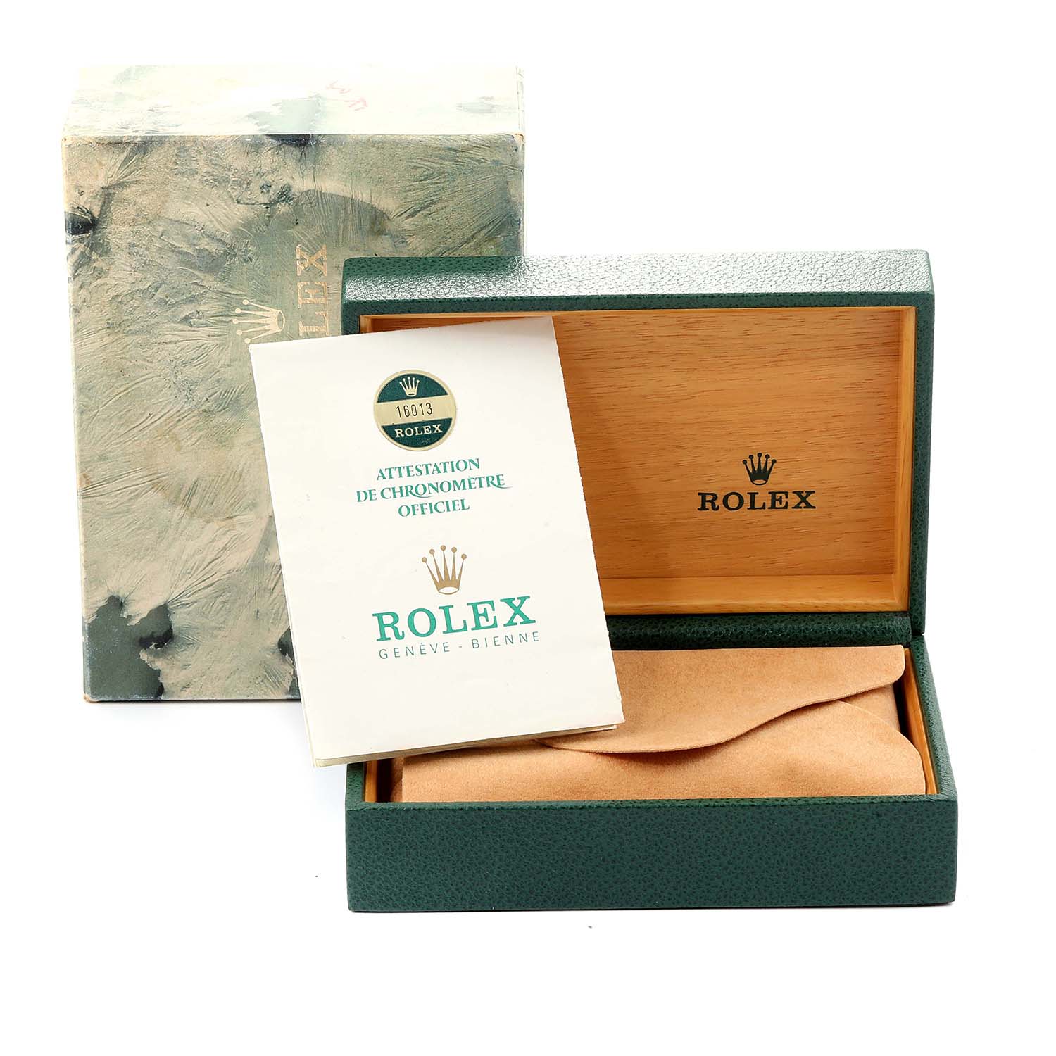 The image shows the Rolex Vintage Collection 16013 Men's Stainless Steel White Dial 16013 Men's Stainless Steel White Dial model box, an open watch box, and an official chronometer certification card.