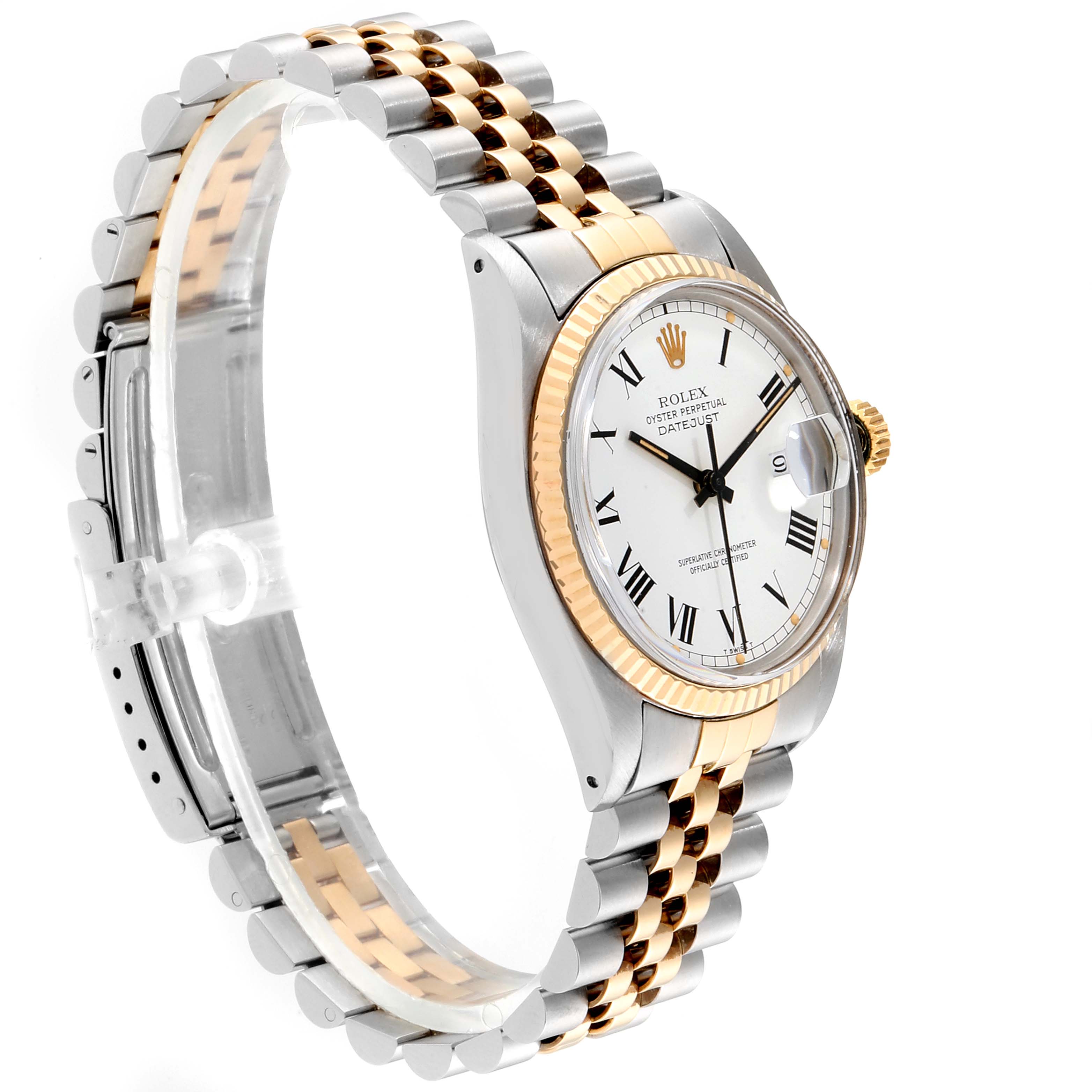 The Rolex Vintage Collection 16013 Men's Stainless Steel White Dial 16013 Men's Stainless Steel White Dial watch is shown at an angled side view highlighting the face, bezel, crown, and two-tone bracelet.