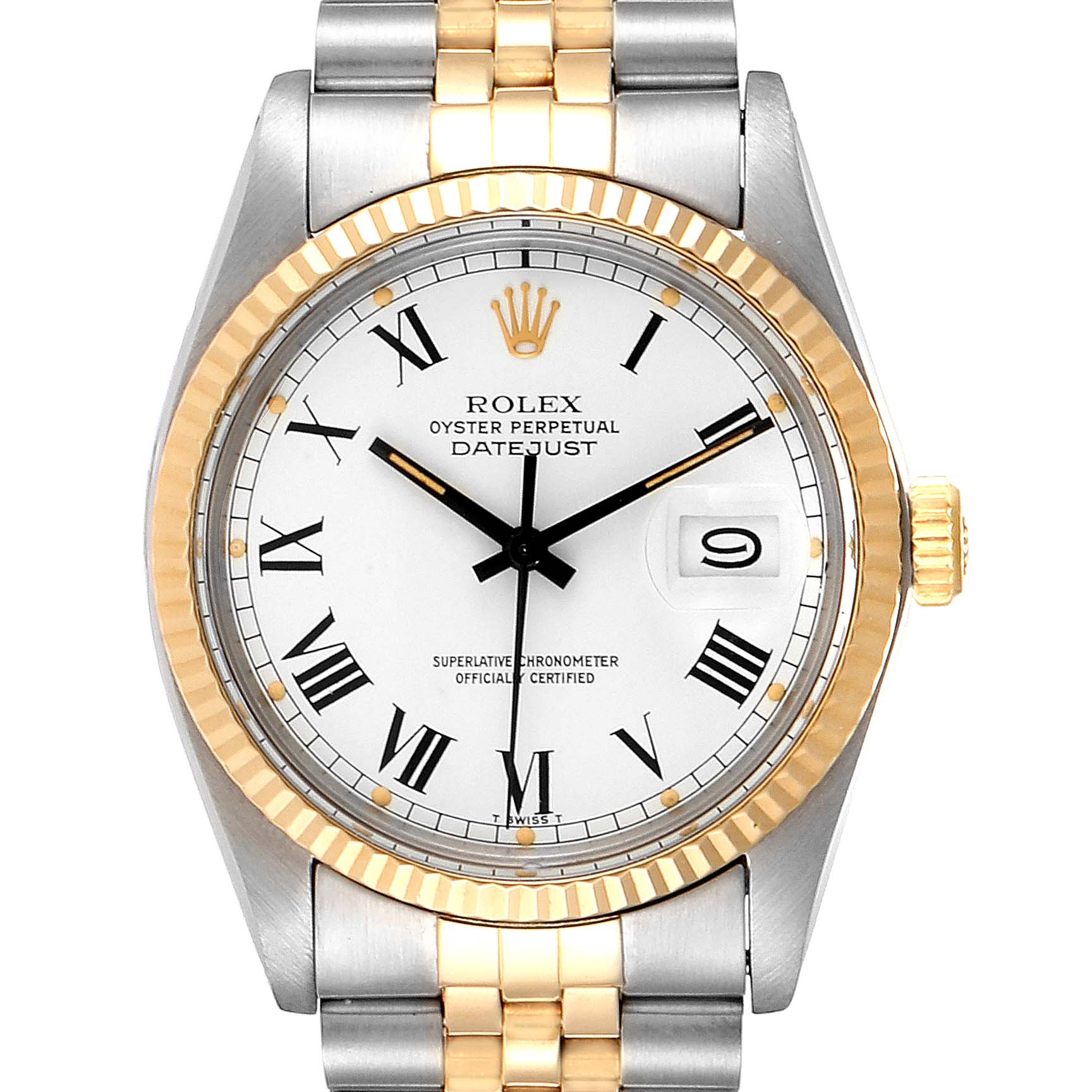 The image shows the front view of a Rolex Vintage Collection 16013 Men's Stainless Steel White Dial 16013 Men's Stainless Steel White Dial Oyster Perpetual Datejust with a two-tone bracelet.