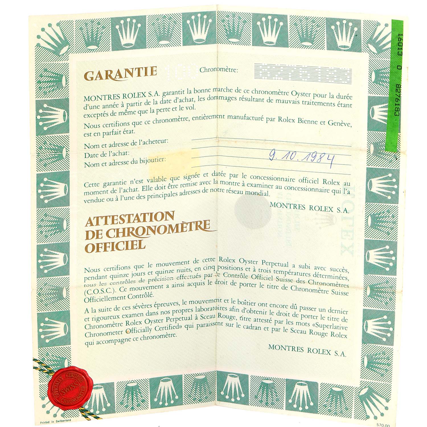 The image shows the warranty certificate for the Vintage Collection model by Rolex, including the official chronometer certification.