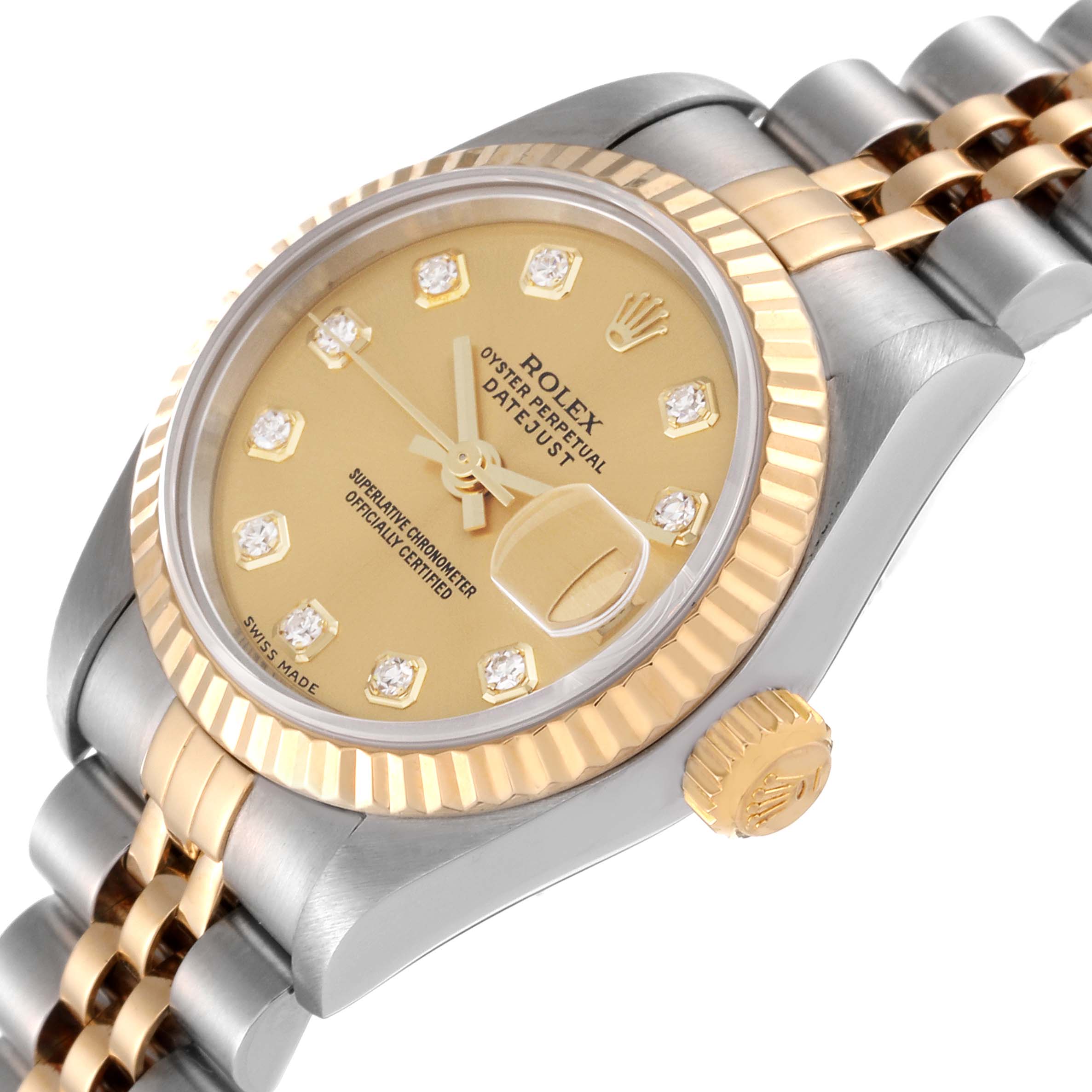 The image showcases a Rolex Datejust 79173 Women's Steel and Gold (two tone) Champagne Dial 79173 Women's Steel and Gold (two tone) Champagne Dial watch at an angle highlighting its face, bezel, crown, and two-tone bracelet.