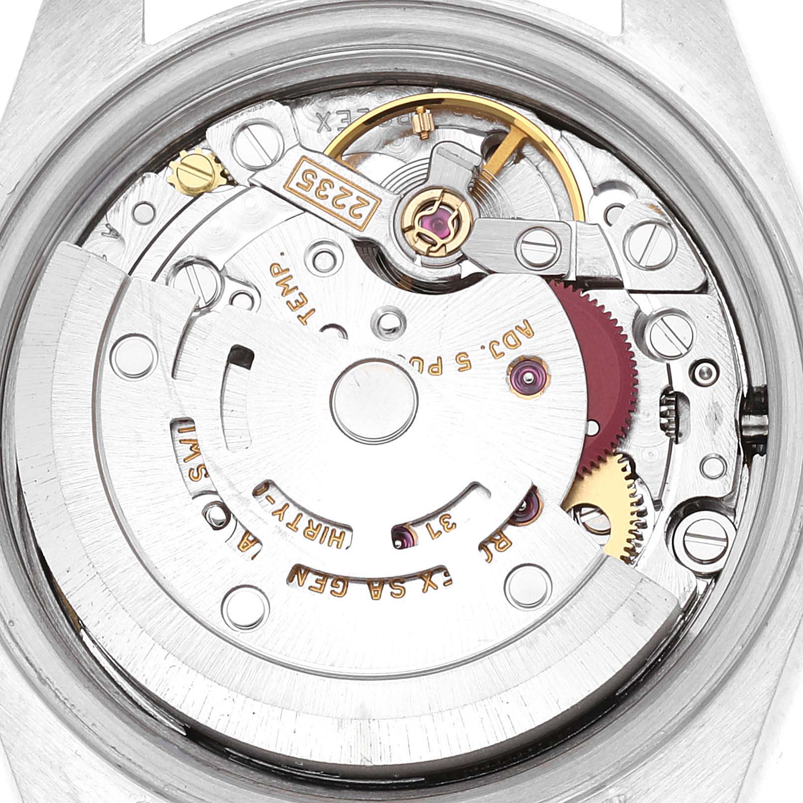 The image shows the internal movement and mechanics of a Rolex Datejust 79173 Women's Steel and Gold (two tone) Champagne Dial 79173 Women's Steel and Gold (two tone) Champagne Dial watch viewed from the back.
