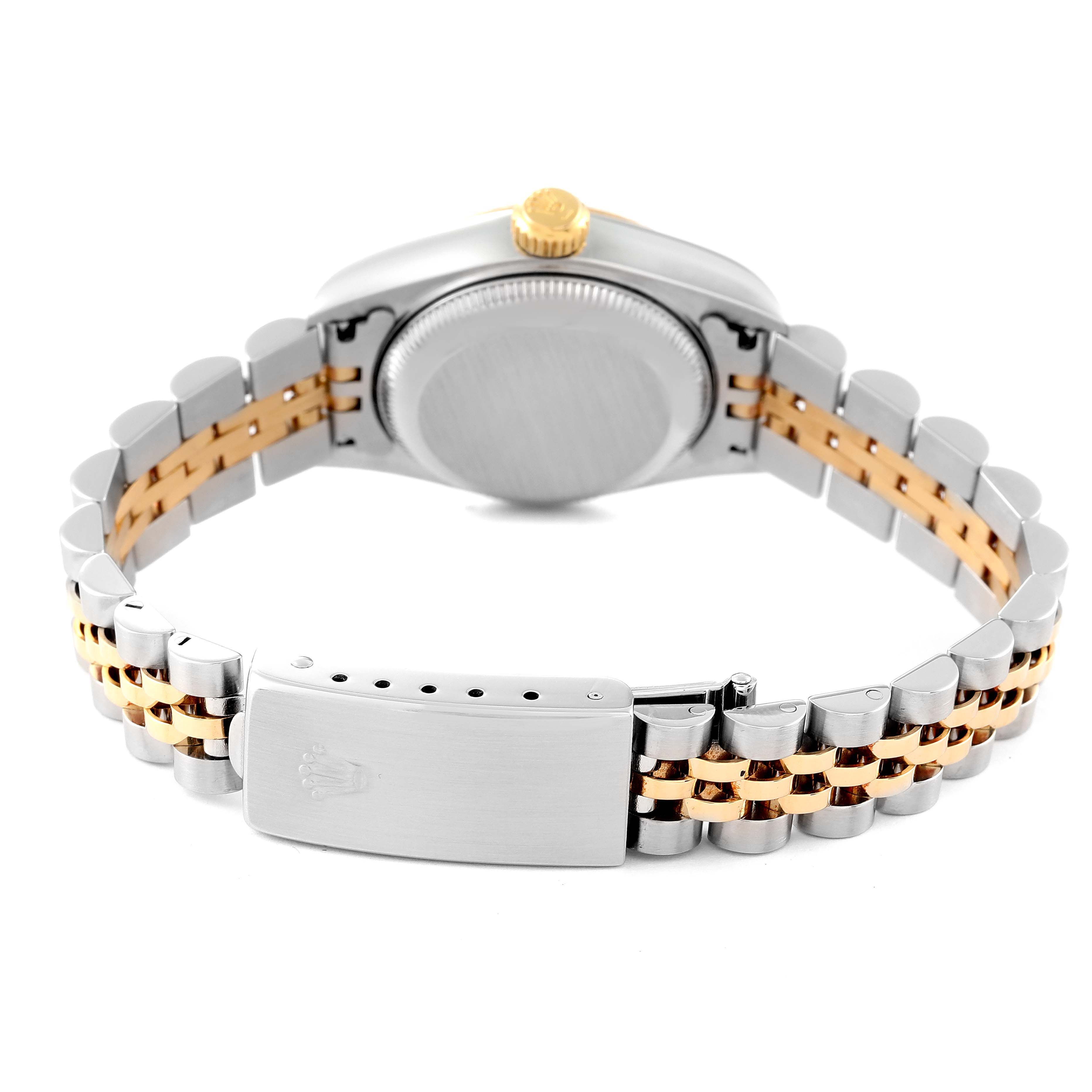 The image shows the back view of a Rolex Datejust 79173 Women's Steel and Gold (two tone) Champagne Dial 79173 Women's Steel and Gold (two tone) Champagne Dial watch, featuring the case back, bracelet, and clasp.
