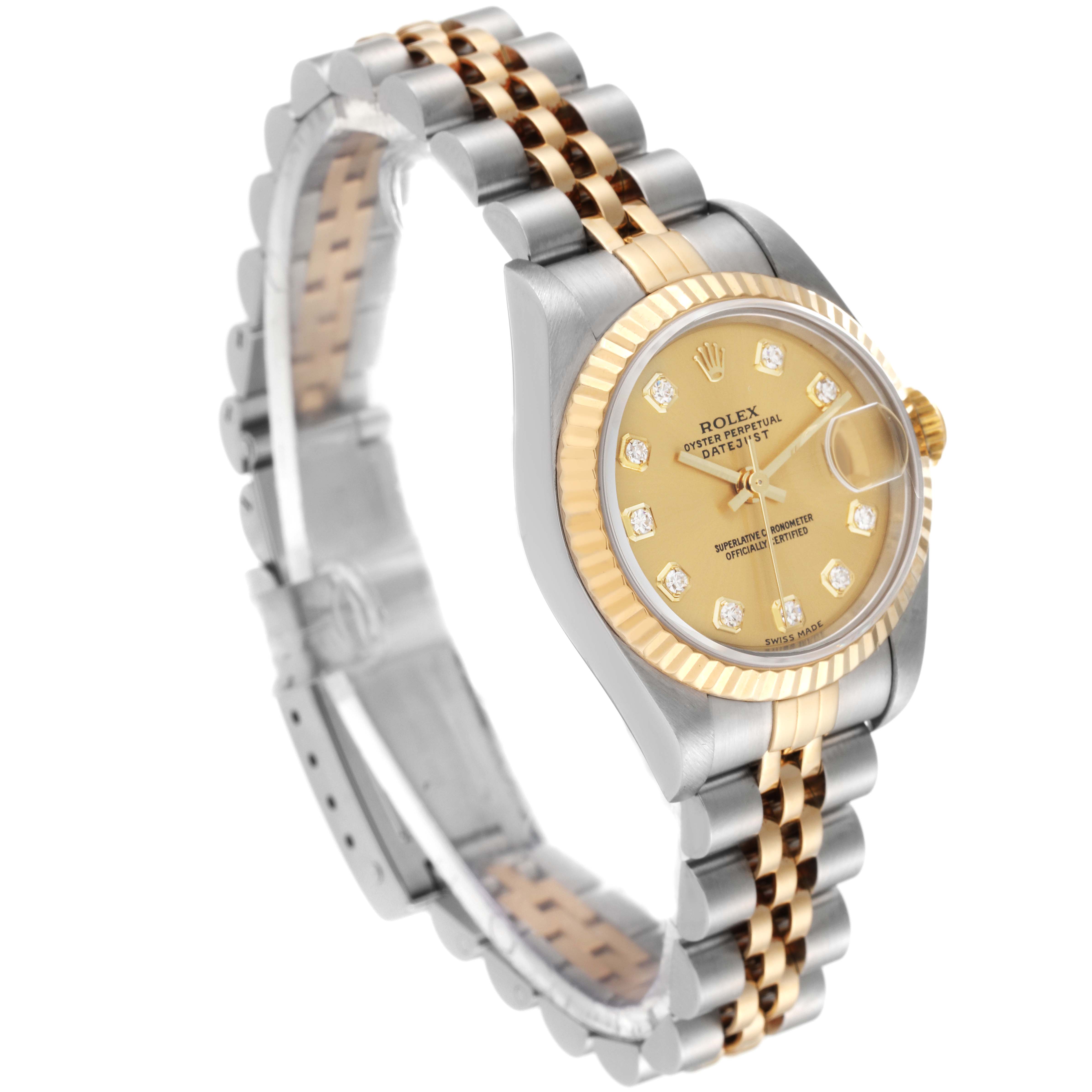 This image shows a Rolex Datejust 79173 Women's Steel and Gold (two tone) Champagne Dial 79173 Women's Steel and Gold (two tone) Champagne Dial watch at a three-quarter angle, highlighting its dial, case, and two-tone bracelet.