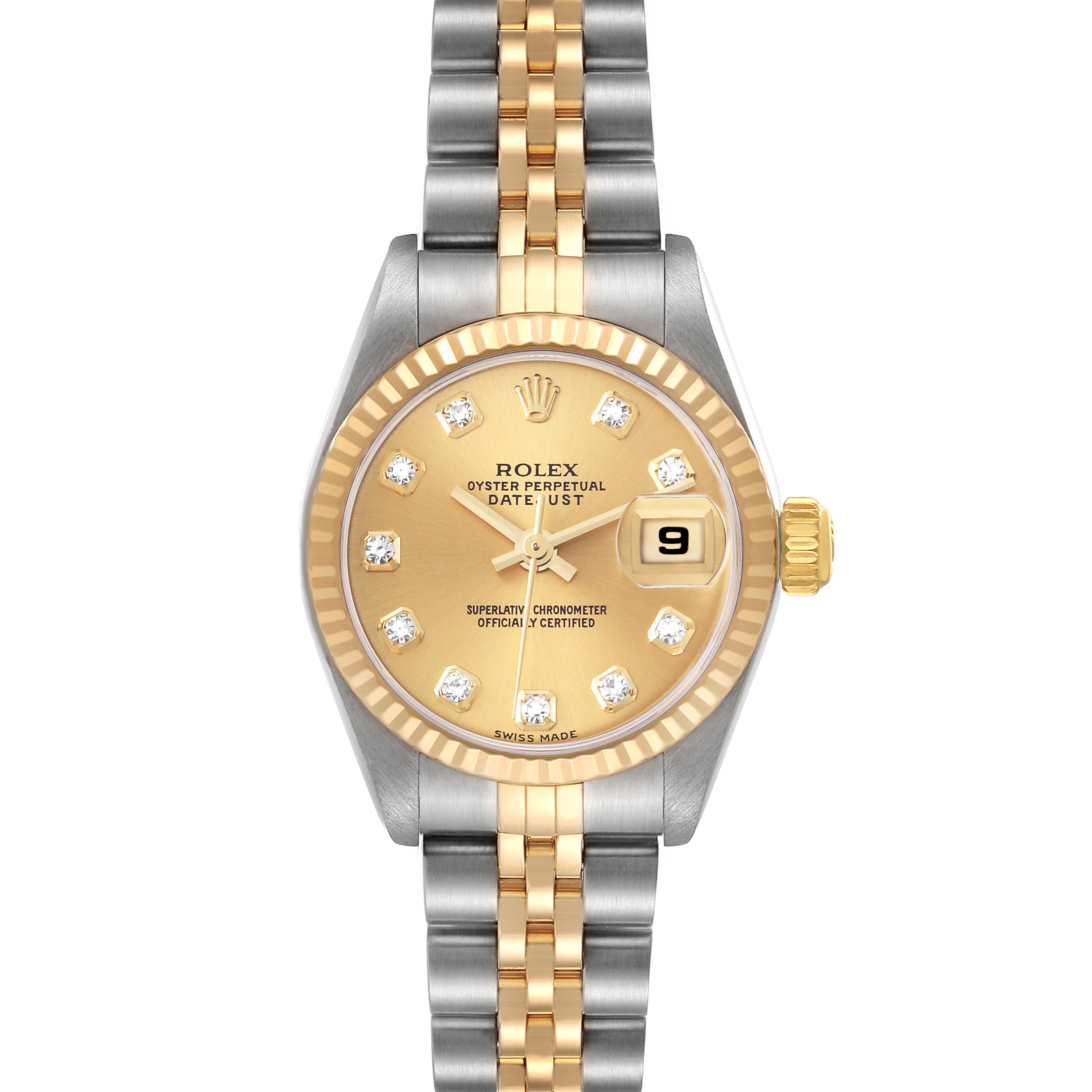 The Rolex Datejust 79173 Women's Steel and Gold (two tone) Champagne Dial 79173 Women's Steel and Gold (two tone) Champagne Dial watch is shown in a top-down view, displaying the dial, bezel, and part of the bracelet.