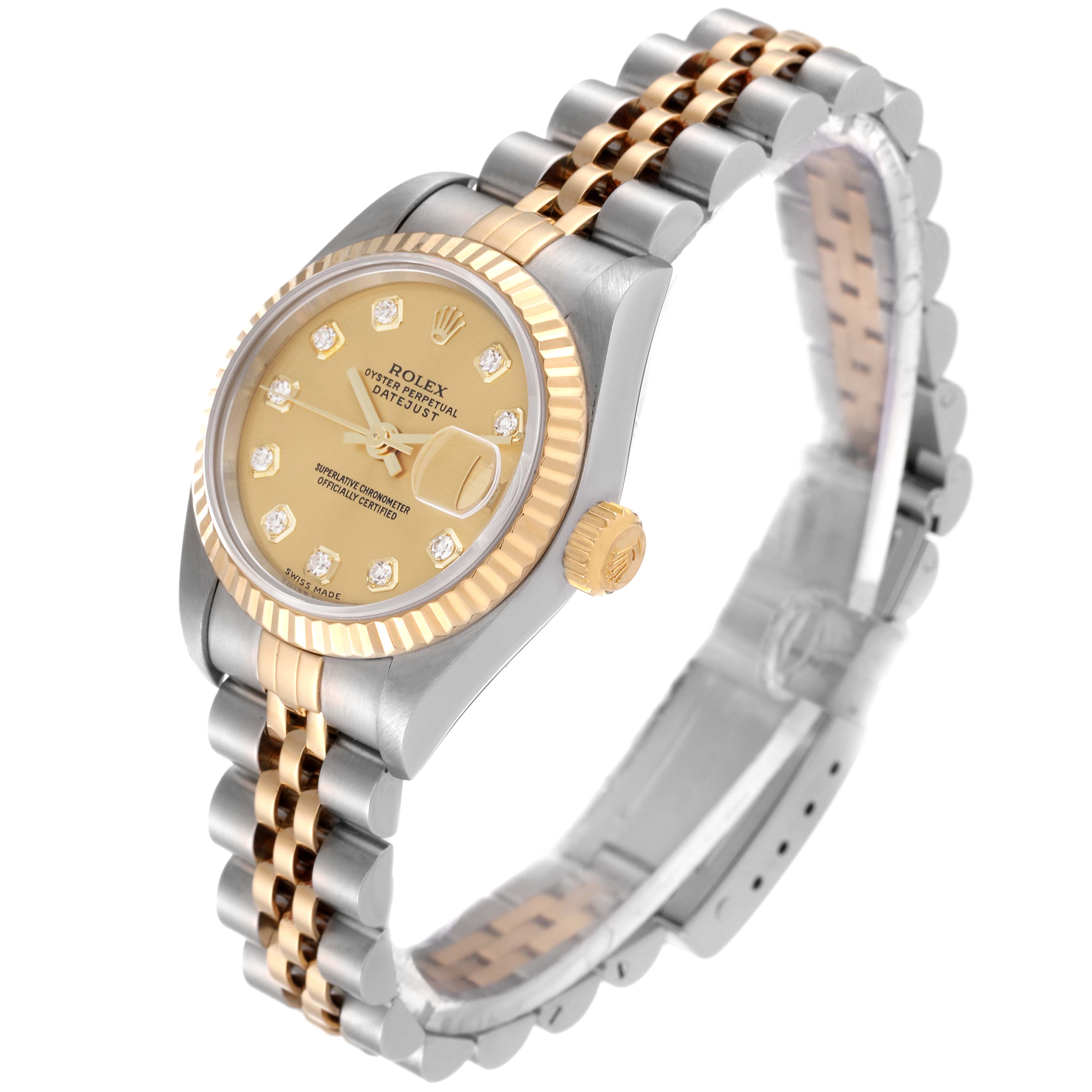 The image shows a Rolex Datejust 79173 Women's Steel and Gold (two tone) Champagne Dial 79173 Women's Steel and Gold (two tone) Champagne Dial watch from a slight side angle, highlighting its two-tone bracelet, fluted bezel, and champagne dial.