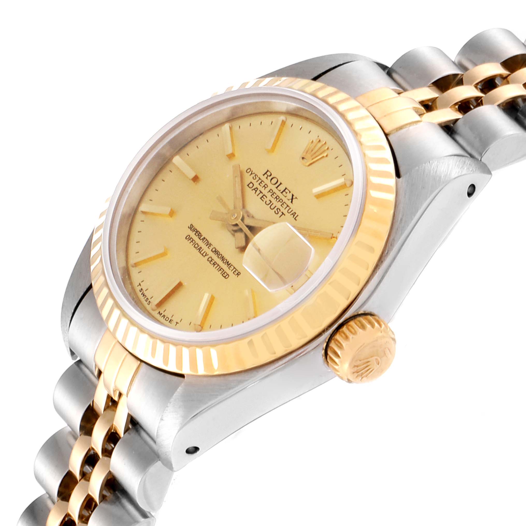 The image shows a close-up angled view of the Rolex Datejust 69173 Women's Stainless Steel Champagne Dial 69173 Women's Stainless Steel Champagne Dial watch, highlighting the dial, bezel, crown, and part of the bracelet.
