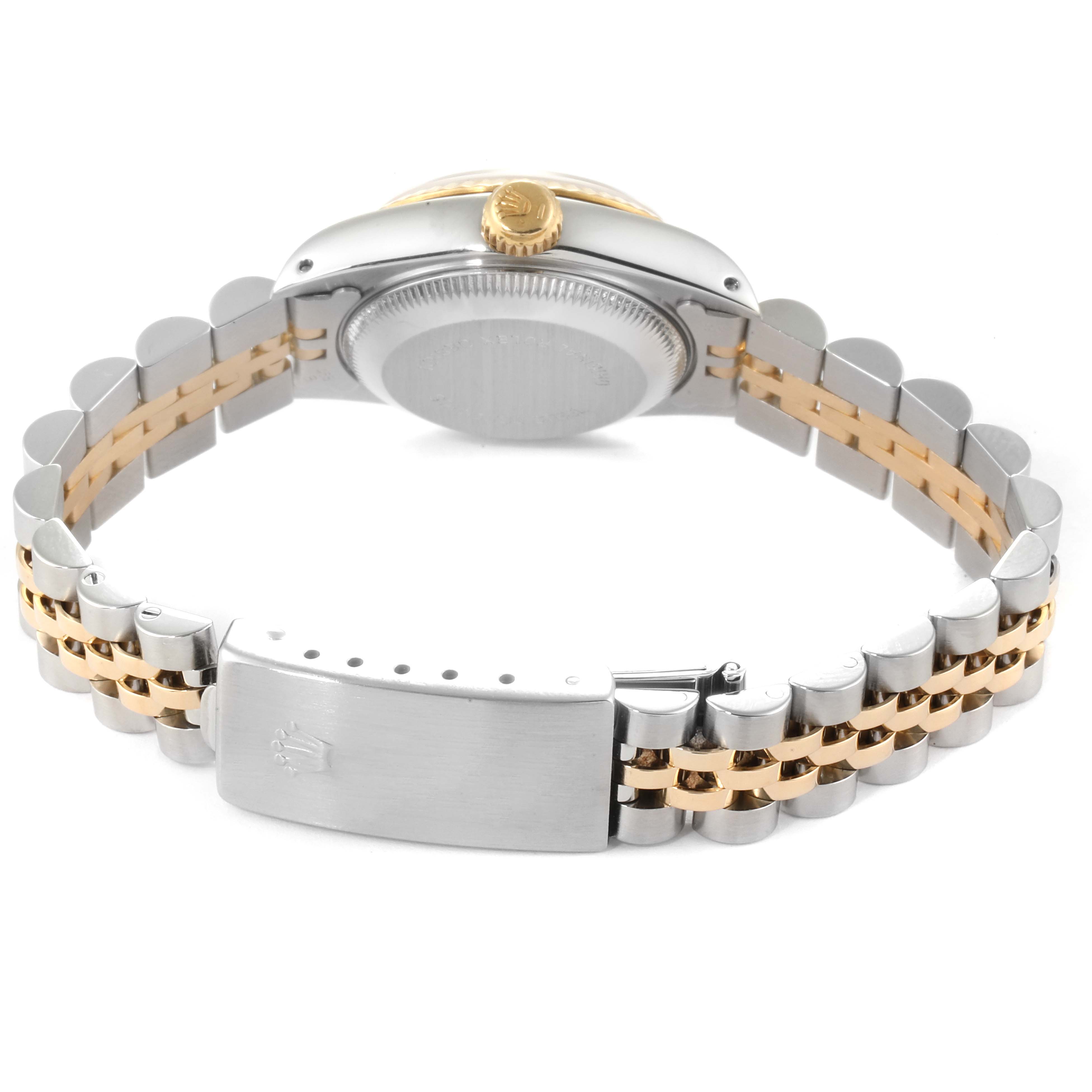 This Rolex Datejust 69173 Women's Stainless Steel Champagne Dial 69173 Women's Stainless Steel Champagne Dial watch is shown from the rear angle, highlighting its bracelet and clasp.