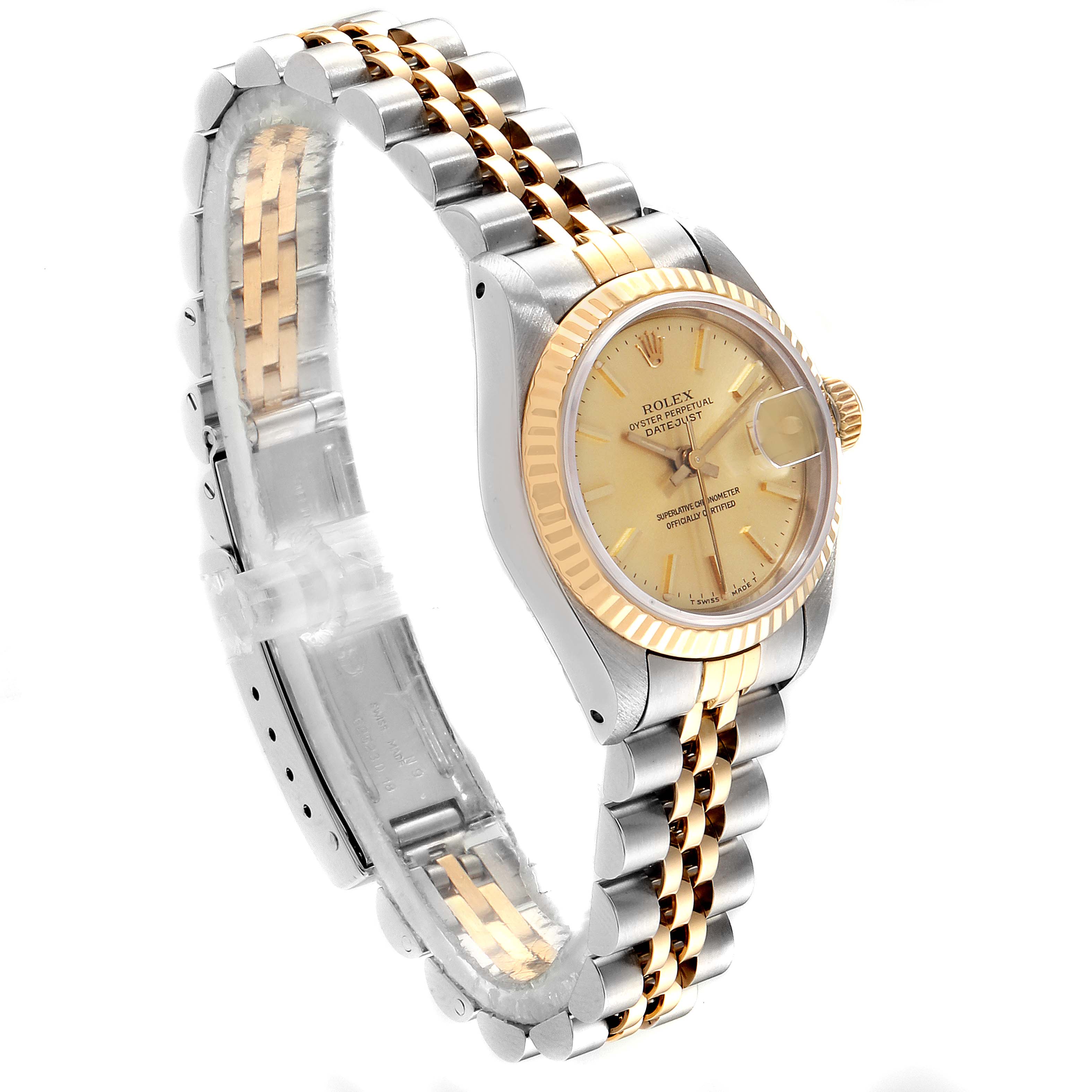 This image shows a Rolex Datejust 69173 Women's Stainless Steel Champagne Dial 69173 Women's Stainless Steel Champagne Dial watch from an angled side view, highlighting the dial, bezel, crown, and two-tone jubilee bracelet.