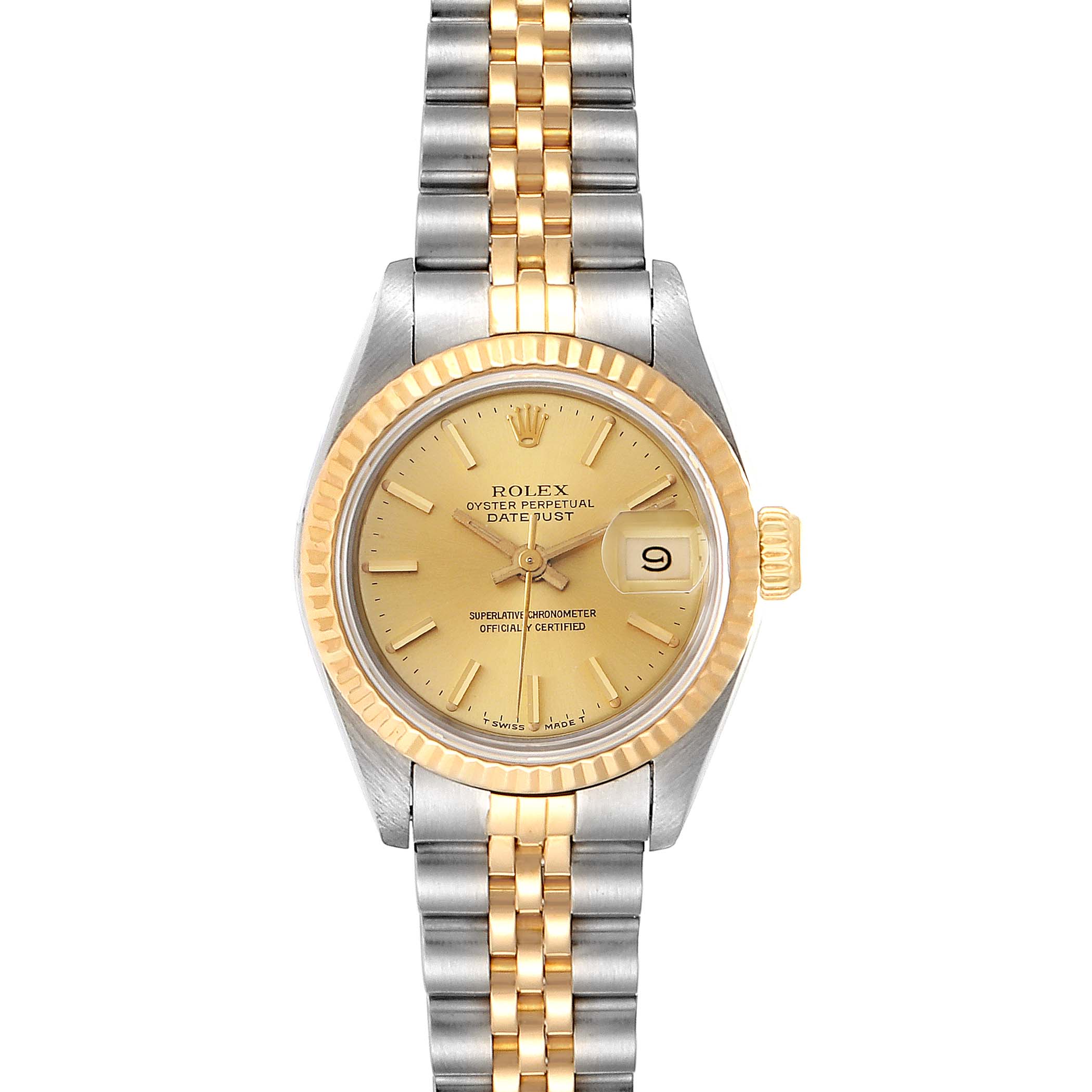 The image shows a front view of a Rolex Datejust 69173 Women's Stainless Steel Champagne Dial 69173 Women's Stainless Steel Champagne Dial watch, highlighting its two-tone bracelet and gold dial.